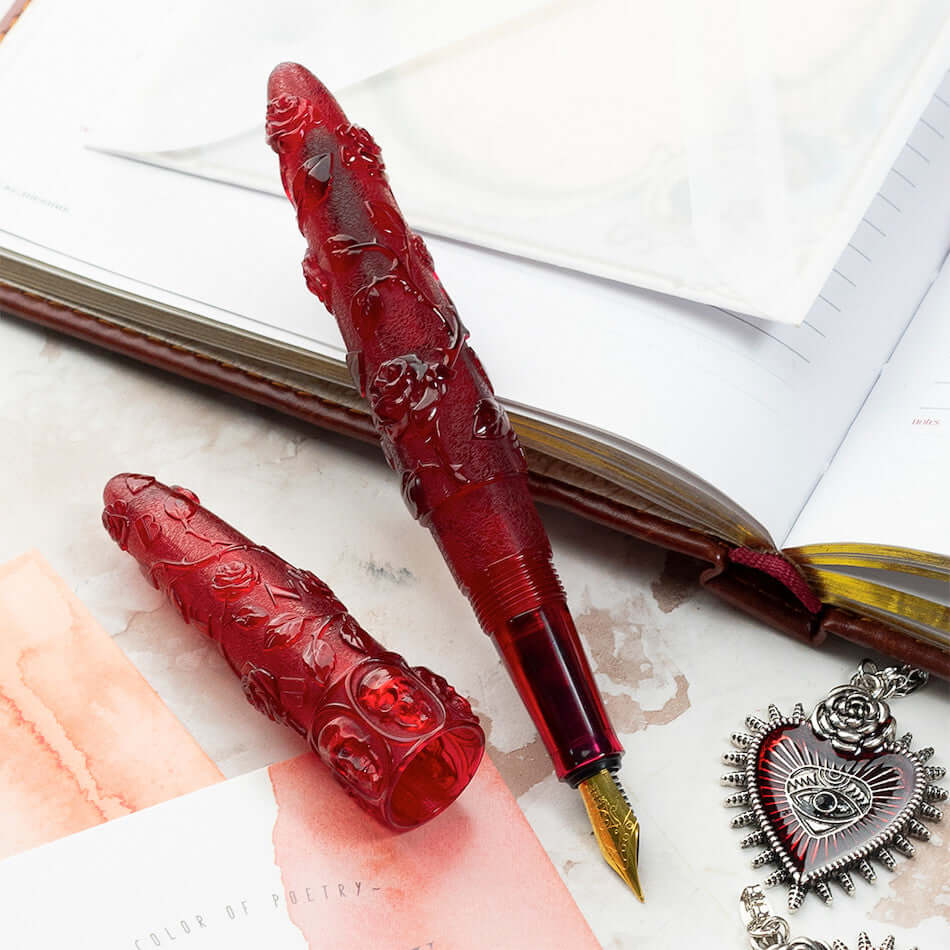 Benu Skull & Roses Fountain Pen - Elegant Red Rose Design for Writing, Calligraphy & Gift Giving - Perfect for Professionals, Students & Collectors