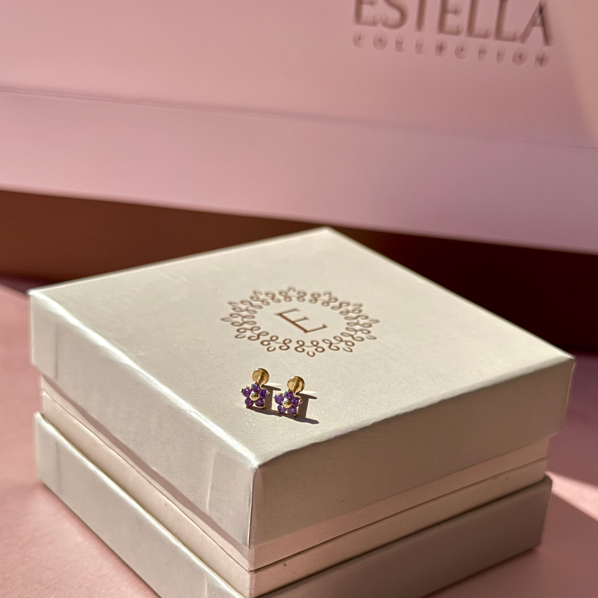 14K Yellow Gold Amethyst Flower Stud Earrings – Dainty Floral Jewelry for Women, Perfect for Everyday Wear & Special Occasions