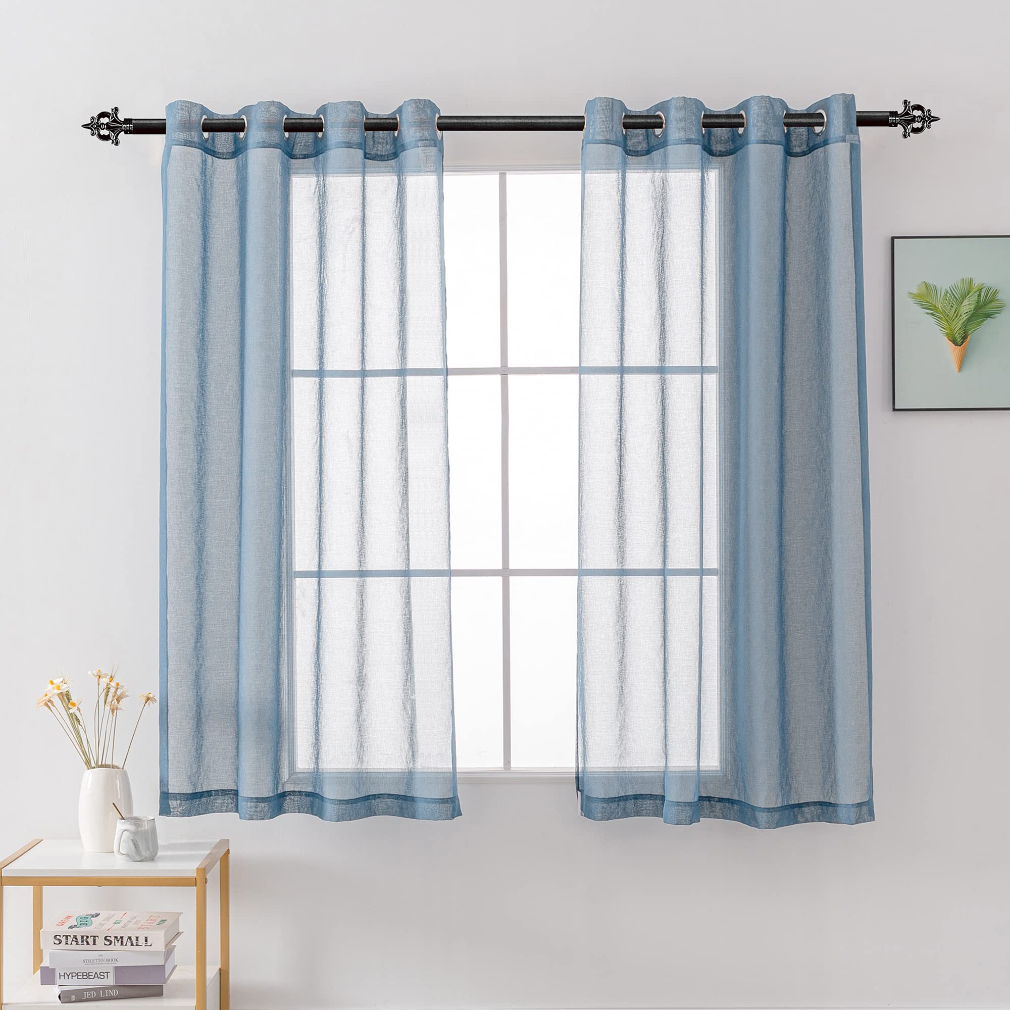 HUTO 45 Inch Dusty Blue Sheer Curtains - Set of 2 Panels with Grommet Top, Light Filtering & Airy Faux Linen Drapes for Kitchen & Bedroom Windows (52x45 Inches) - Perfect for Creating a Soft, Elegant Ambiance