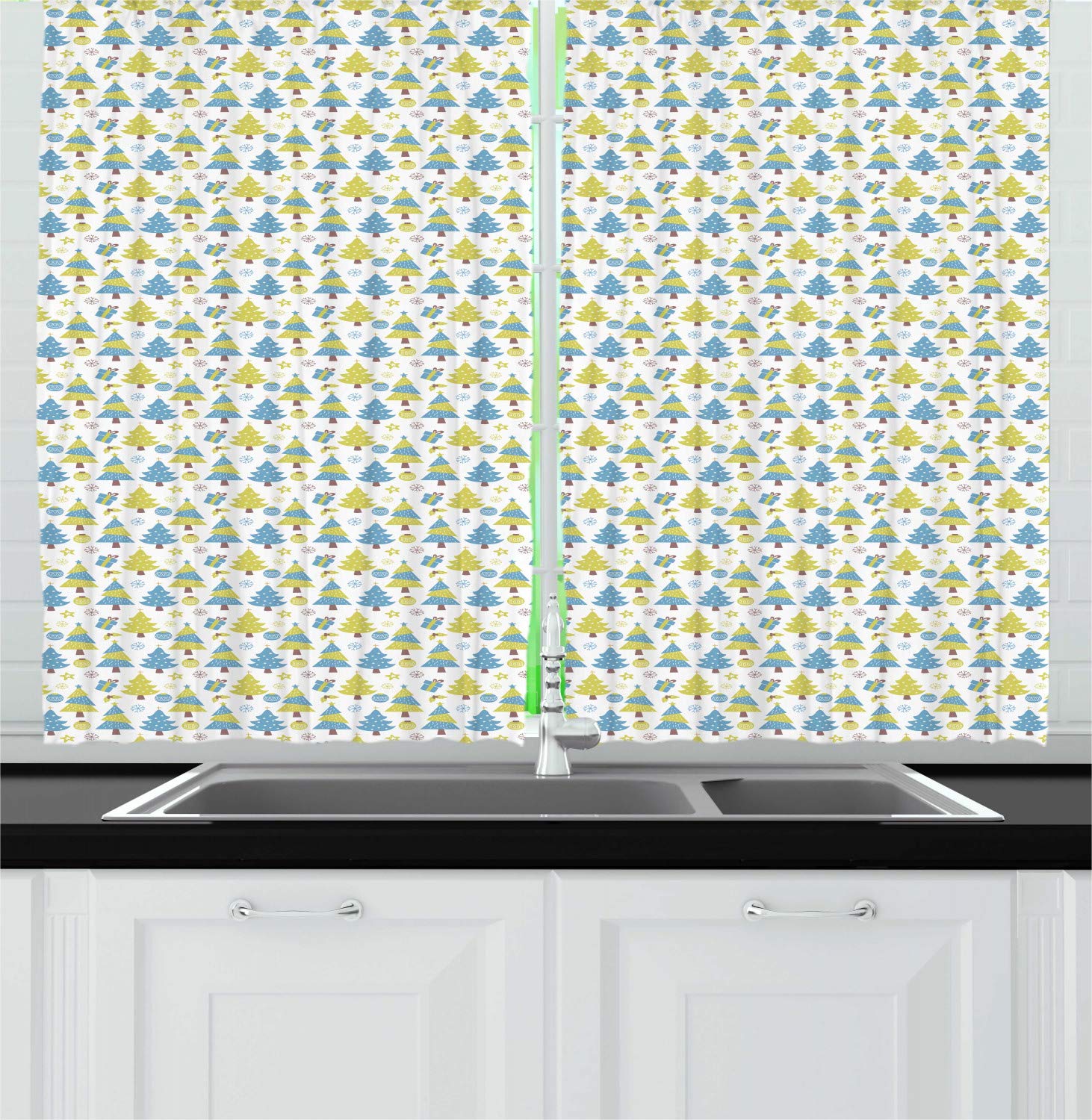Ambesonne Christmas Kitchen Curtains - Festive Trees & Gift Ornaments Window Drapes, 2 Panel Set for Holiday Decor, 55