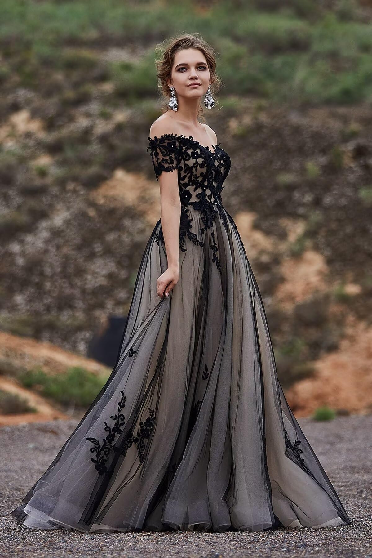 Elegant Black Off-Shoulder Gothic Lace Wedding Dress with Long Train - Perfect for Gothic, Alternative & Vampire-Themed Bridal Ceremonies & Halloween Costume Parties