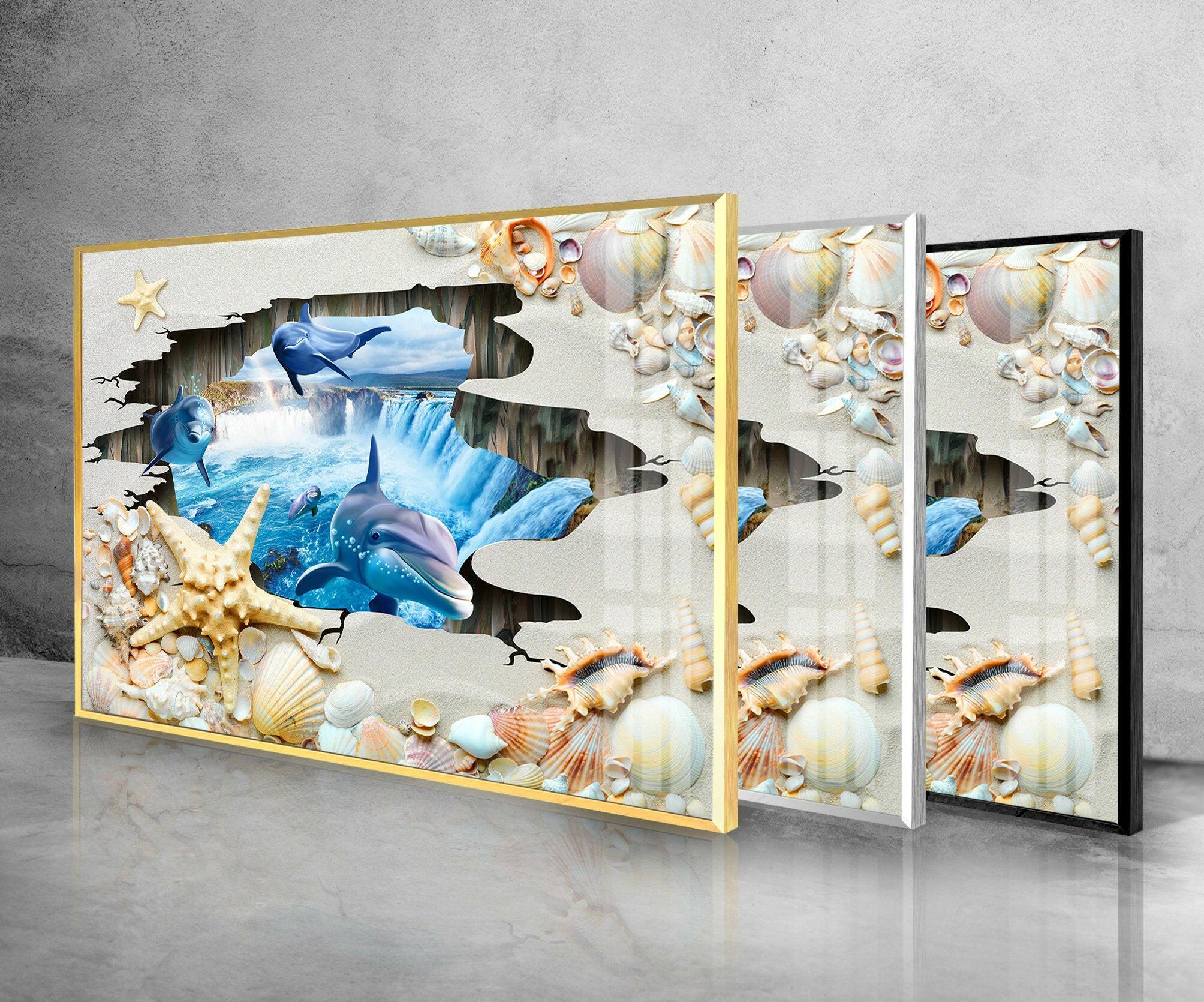 3D Dolphins Glass Wall Art - Ocean Themed Home Decor for Living Room, Bedroom & Office - Stunning Handmade Sea Life Mural with LED Backlighting