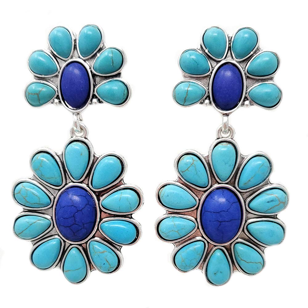 Emulily Western Flower Turquoise Post Earrings - Navajo Style Handmade Jewelry for Women - Perfect for Boho Fashion, Festivals & Casual Wear