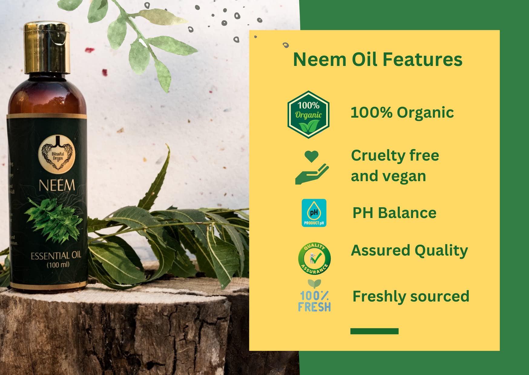 Organic Blissful Drops Neem Oil for Skin & Hair Care - Natural Treatment for Acne, Dandruff & Plant Protection - Perfect for DIY Beauty & Organic Gardening