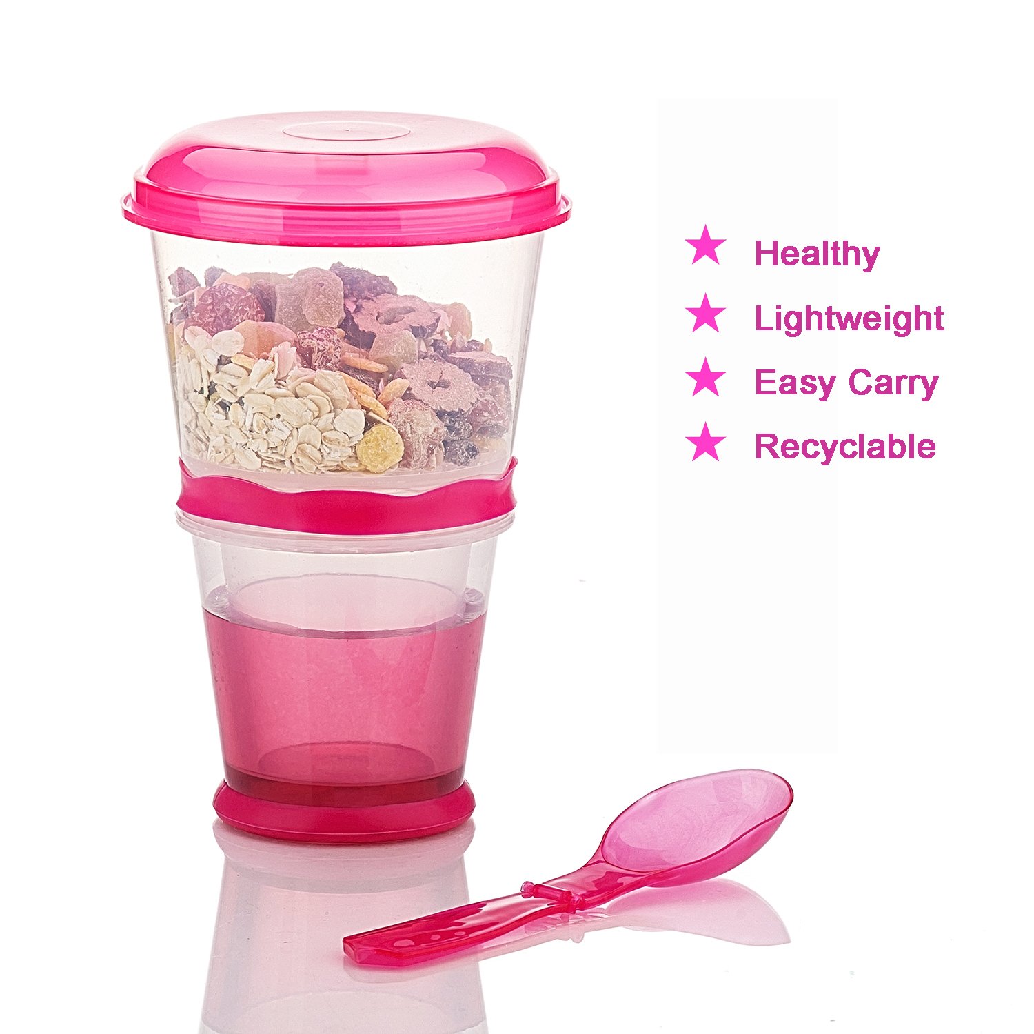 Portable Cereal & Yogurt To-Go Cups - Leak-Proof Breakfast Containers for On-The-Go Meals (Rose Red) | Perfect for Commuting, School Lunches & Outdoor Activities