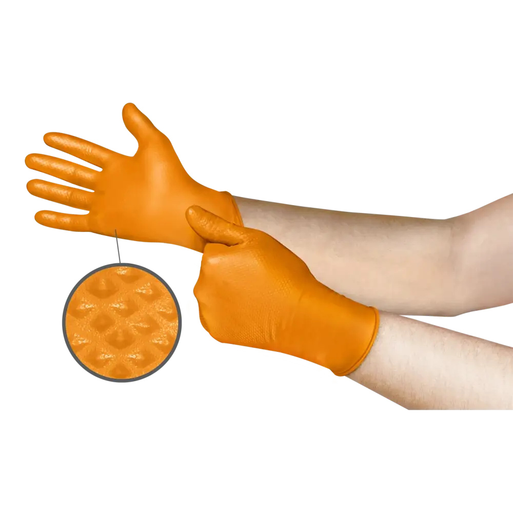 AA Mega Texture Orange Nitrile Gloves - Large Size (100 Gloves per Box) | Disposable, Chemical Resistant Safety Gloves for Medical, Cleaning, Food Handling & Industrial Use