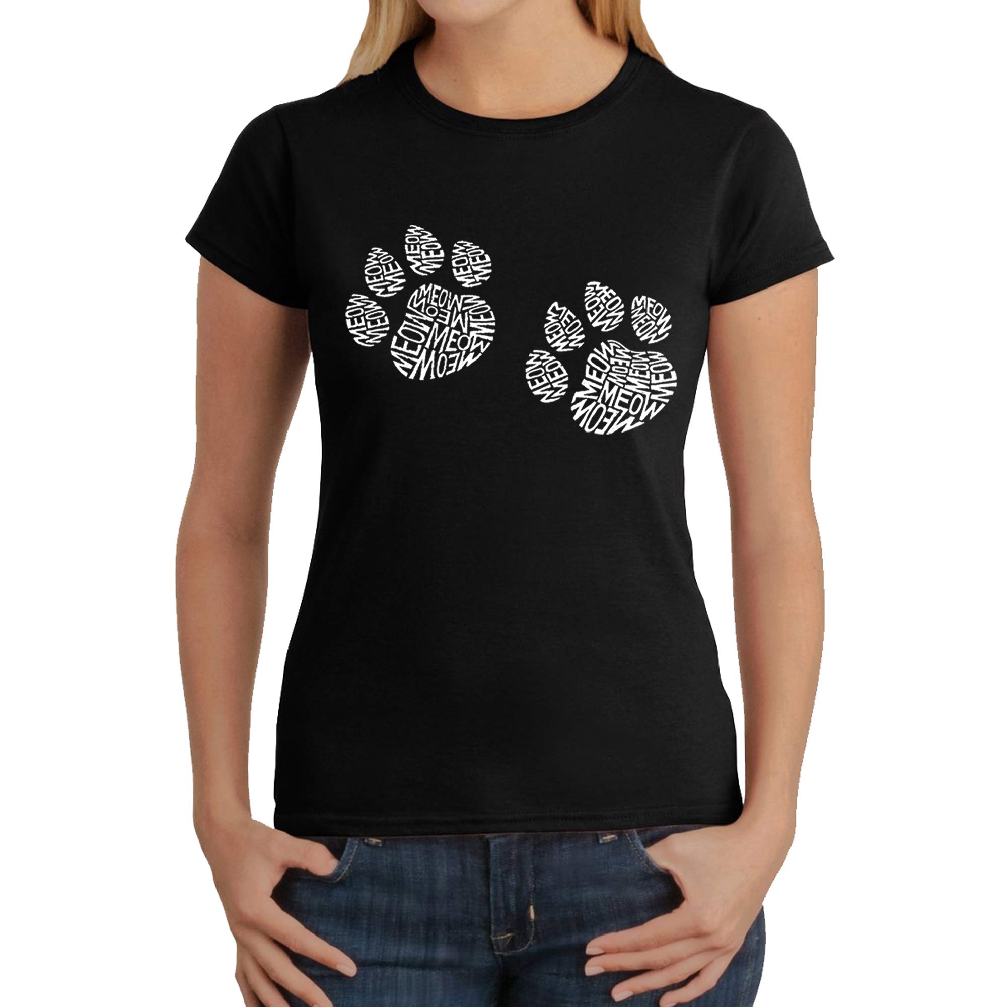 LA POP ART Women's Word Art T-Shirt with Cute Meow Cat Prints - Trendy Graphic Tee for Casual Wear, Cat Lovers Gift, Street Style Outfit