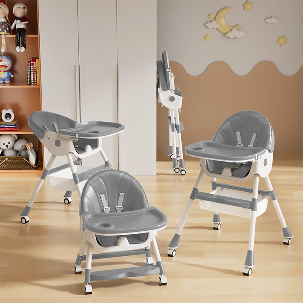 5-in-1 Foldable Baby High Chair with Adjustable Height & Recline - Portable Toddler Feeding Seat with Removable Tray, PU Cushion & Locking Wheels - Perfect for Home, Travel & Restaurant Use