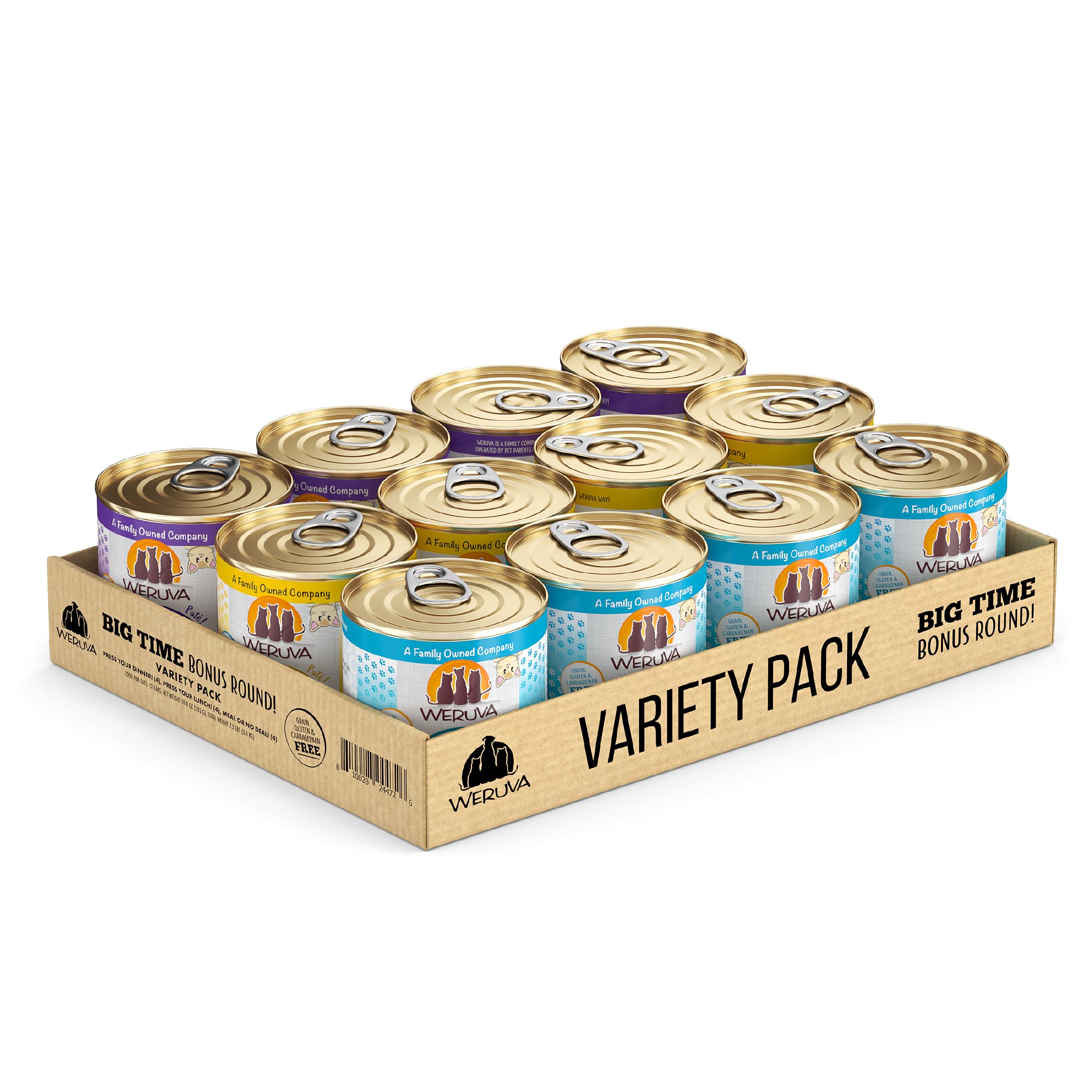 Weruva Wet Cat Food Pate Variety Pack - Big Time Bonus Round, 12 Pack (10oz Cans) - Grain-Free, High Protein Cat Food for Adult & Senior Cats - Perfect for Mealtime, Travel & Emergency Kits