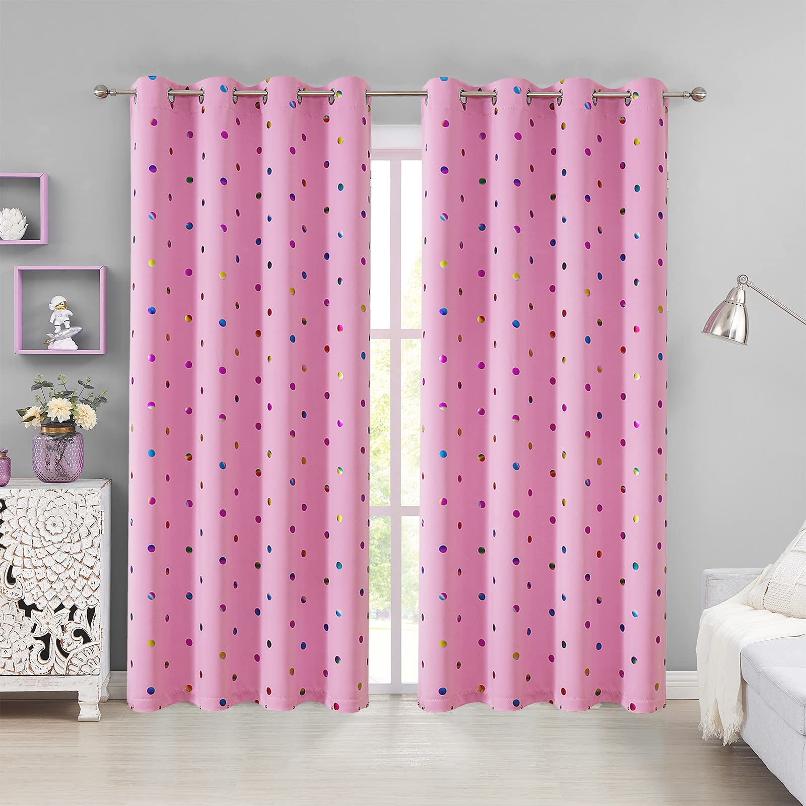 Urban Lotus Metallic Polka Dot Blackout Curtains 52x95 Inch - Thermal Insulated Energy Efficient Window Drapes for Living Room & Girls Bedroom (Pink, 2 Panels) - Perfect for Light Control, Privacy & Home Decor
