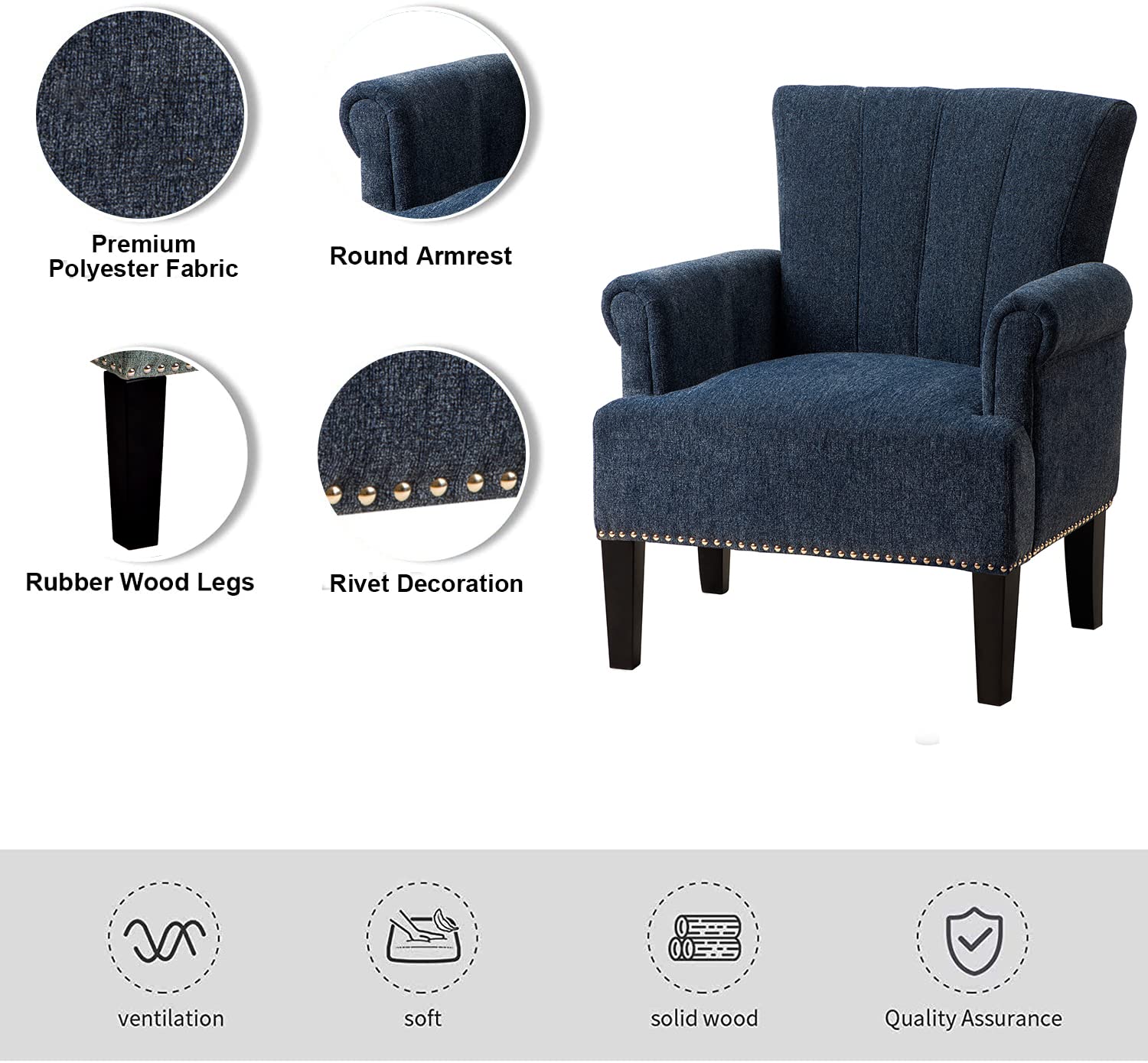 **Henf Accent Chair - Tufted Polyester Armchair with Rubber Wood Legs, Navy Blue Upholstered Barrel Chair for Living Room, Bedroom, or Hosting Room - Perfect for Reading, Relaxing, and Entertaining Guests**