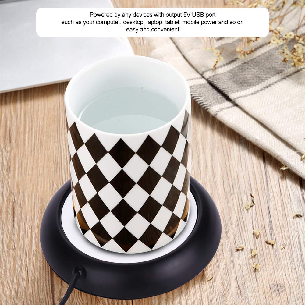 USB Electric Coffee Mug Warmer - Portable Tea & Milk Cup Heater Pad with Wooden/Metal Base | Perfect for Office, Home & Travel | Fast Heating Plate for Desks, Nightstands & Cars (Black)