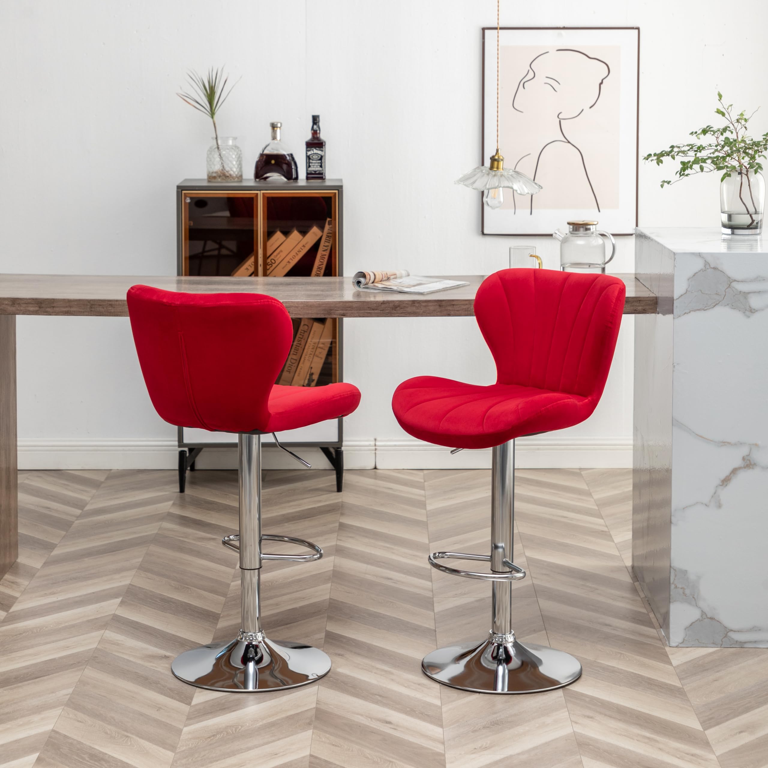 Roundhill Furniture Ellston Velvet Adjustable Swivel Bar Stools - Set of 2, Red Velvet Upholstered Counter Height Stools with Footrest - Perfect for Kitchen Island, Home Bar & Breakfast Nook