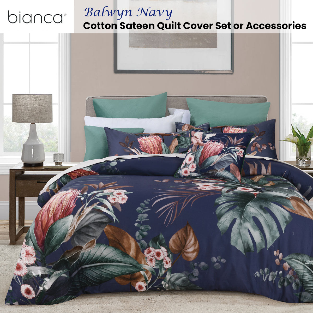 Bianca Balwyn Navy Blue Cotton Sateen Botanical Print Quilt Cover Set - Queen Size Bedding for Master Bedroom & Guest Room Decor