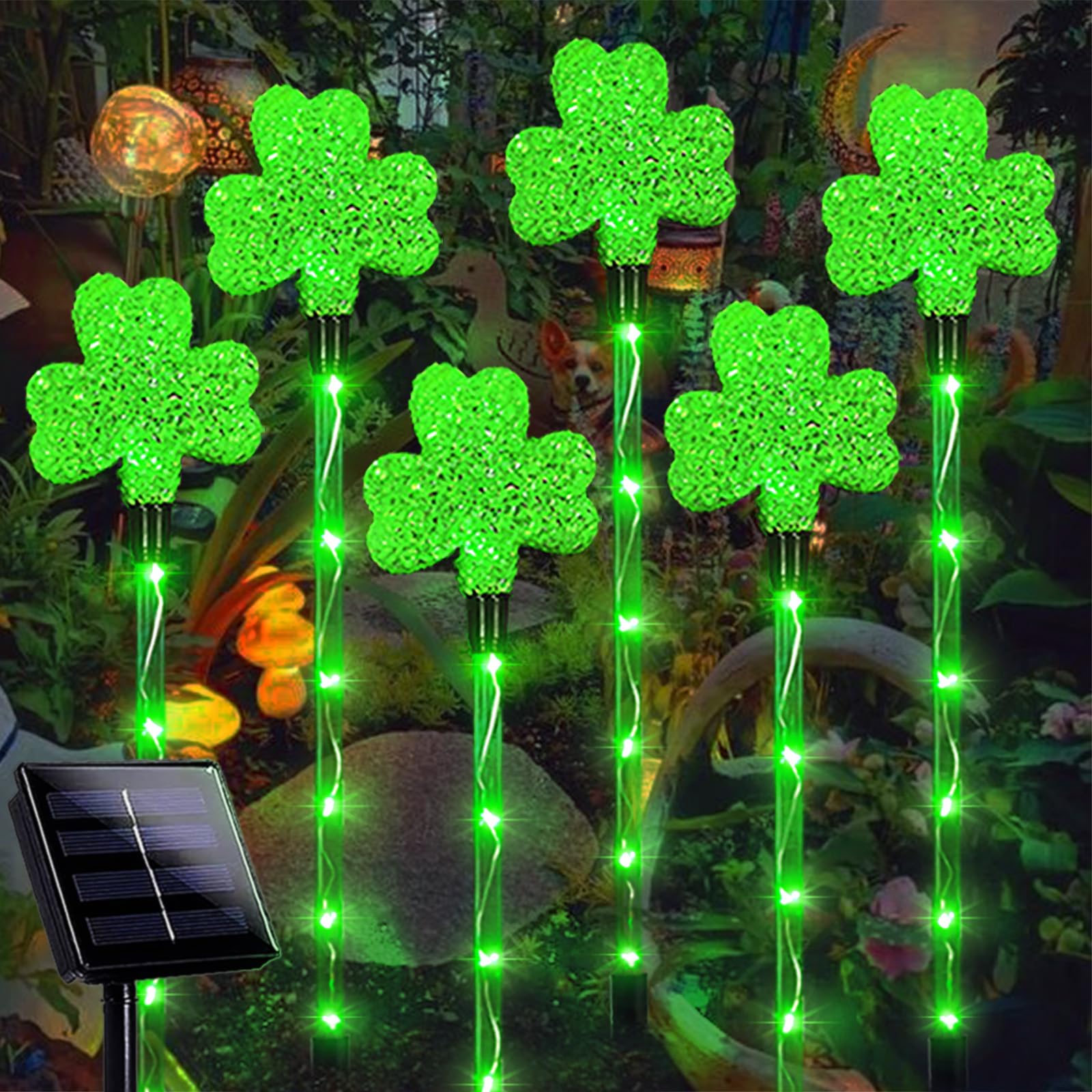 Shamrock Solar Lights - 6 Pack 48 LED Waterproof Outdoor Garden Stake Lights with 8 Modes for St. Patrick's Day Decor, Yard & Pathway Lighting - Perfect for Irish-Themed Parties, Backyard Landscaping and Holiday Decoration