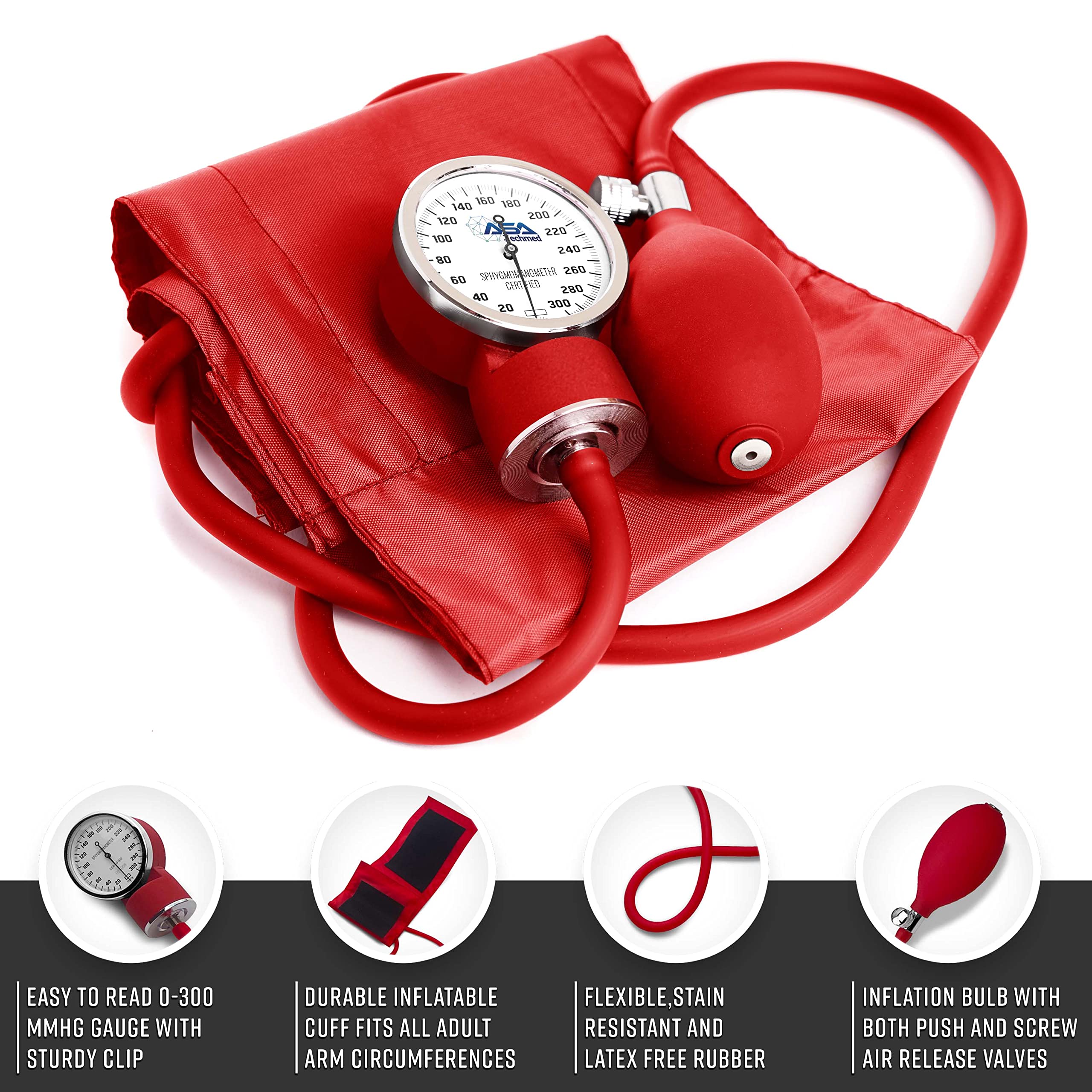 ASA TECHMED Professional Nurse Essentials Kit - Adult Aneroid Blood Pressure Monitor, Stethoscope & Diagnostic Otoscope in Travel Case (Red) | Perfect for Home Healthcare, Clinical Use & Medical Students