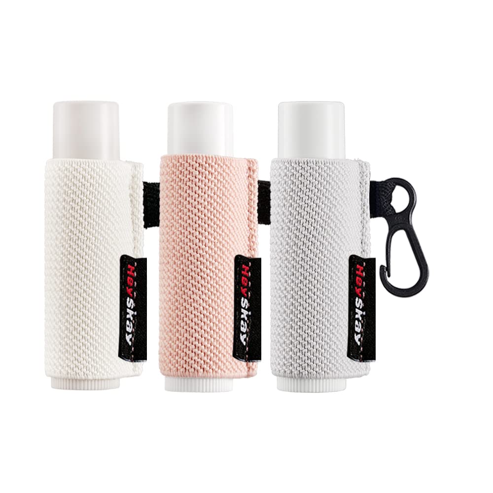 HEYSKAY 3PCS Lip Balm Holder Keychain - Chapstick Elastic Sleeves for Lipstick & Lip Gloss - Portable Cosmetic Accessories for Purse, Backpack & Keyring (Pink/Black/White) - Perfect for Travel, Gym & Everyday Use