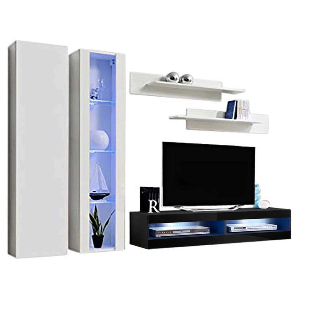 Modern Floating TV Stand with Storage & LED Lights - Wall-Mounted Entertainment Center for Living Room & Bedroom - White/Black A4 34TV Console with Shelves - Perfect for Small Spaces & Home Theater Setup
