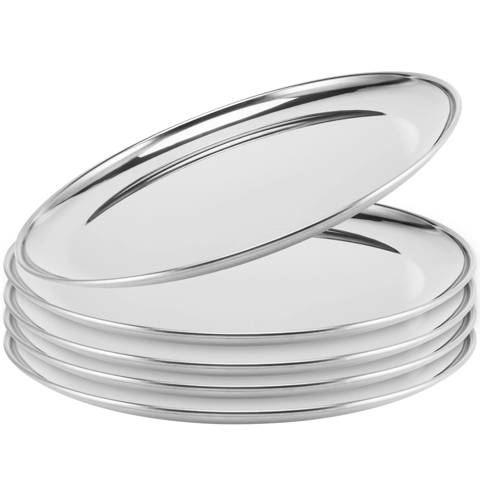 FUNSUEI 5-Pack 12 Inch Stainless Steel Dinner Plates - Mirror Polished Double Layer Metal Plates for Home Kitchen, Restaurant, Camping, BBQ & Party Serving | Durable & Elegant Round Platters for Indoor & Outdoor Dining