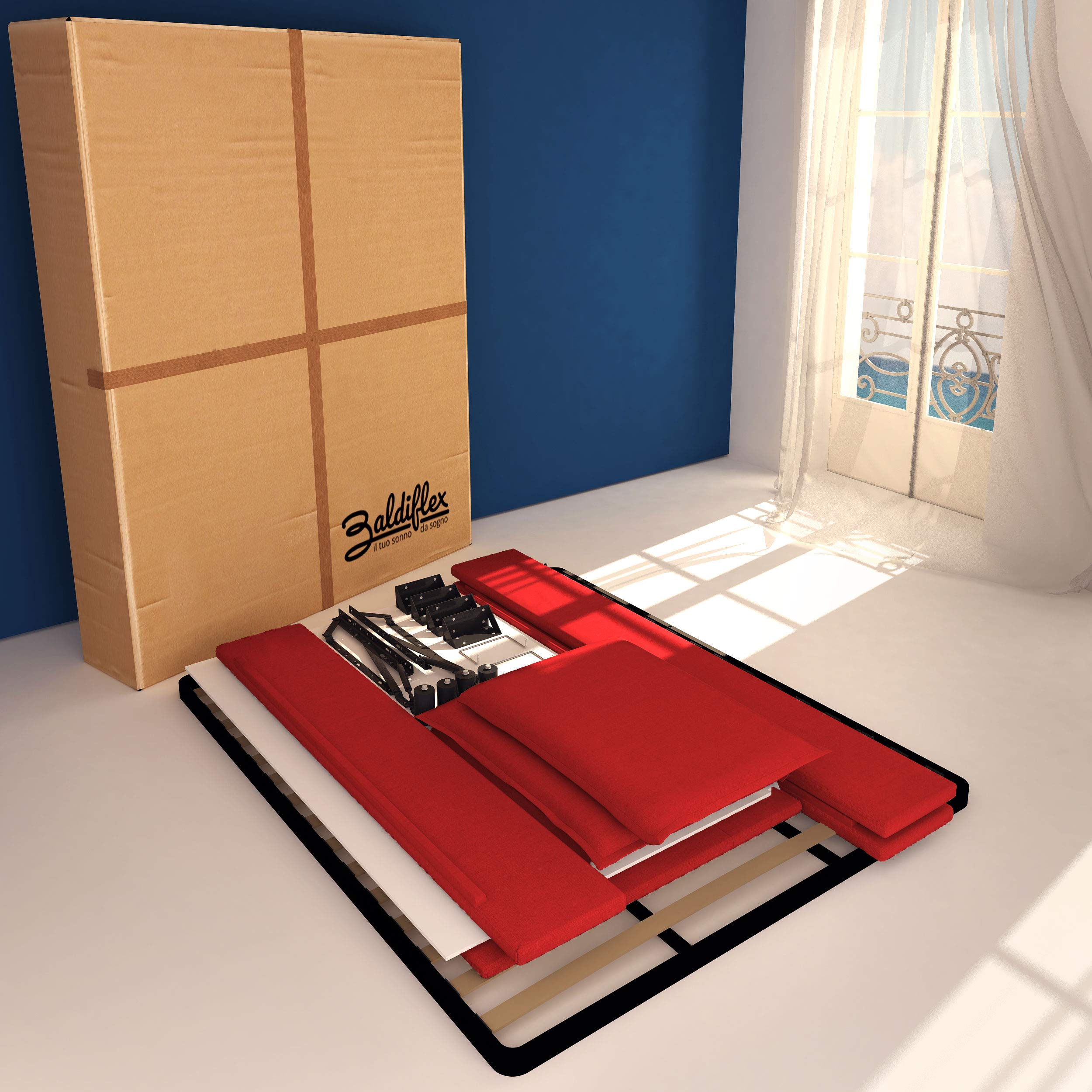 Baldiflex Licia Queen Size Storage Bed with Upholstered Headboard - Synthetic Leather, Slatted Base for 180x200cm Mattress, Red - Perfect for Master Bedroom & Guest Room