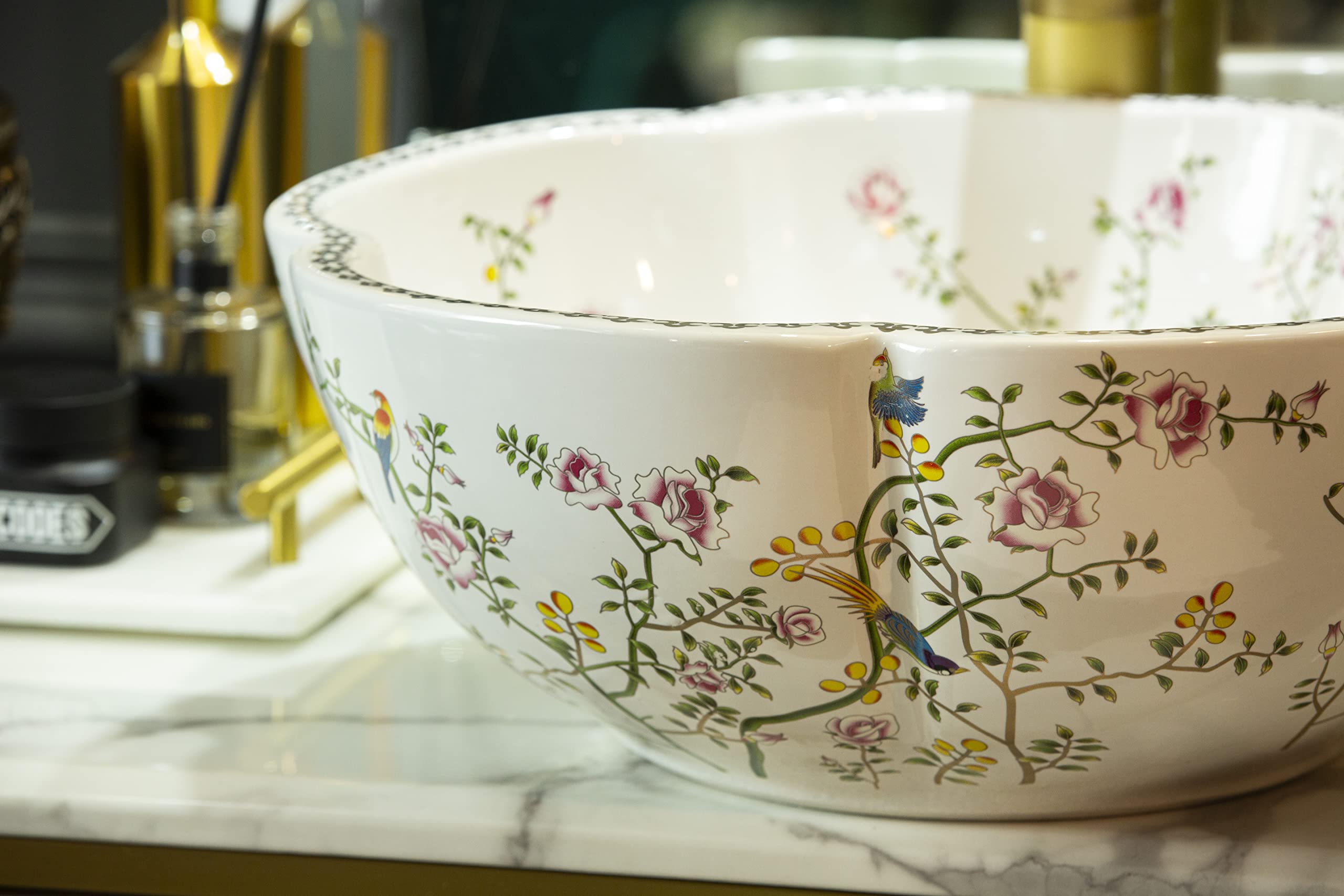 White Ceramic Vessel Sink Bowl - Handcrafted Floral & Bird Design Above Counter Bathroom Vanity Basin (Sink Only) - Perfect for Modern Farmhouse, Boho Chic, or Spa-Style Bathroom Decor