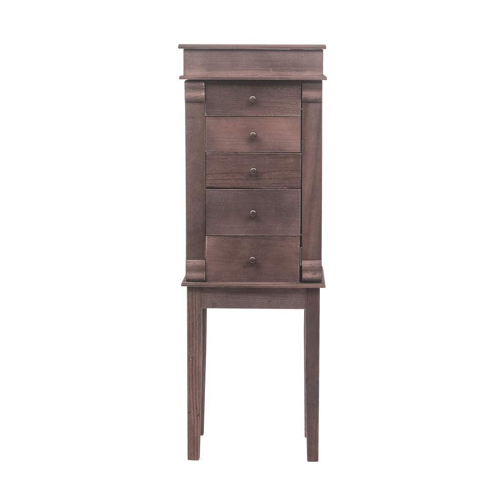 Standing Jewelry Armoire with Full-Length Mirror - 5 Drawers & 8 Necklace Hooks - Jewelry Storage Cabinet with Top Organizer & 2 Side Doors (Brown) - Perfect for Bedroom, Closet & Dressing Room Organization