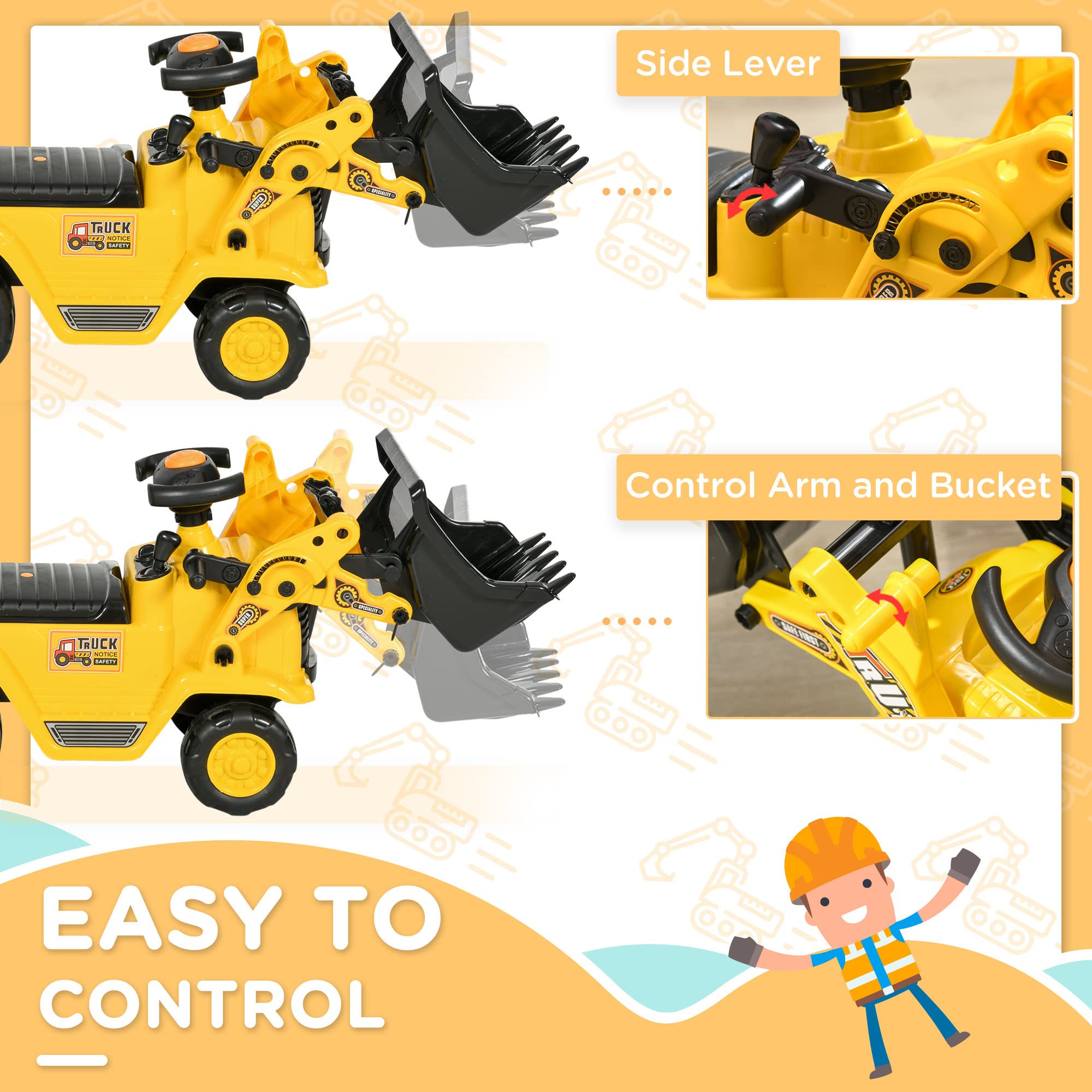 **HOMCOM Kids Ride-On Excavator Toy with Horn & Storage - Pretend Play Construction Truck for Toddlers 18-48 Months - Outdoor & Indoor Play, Birthday Gift Idea**
