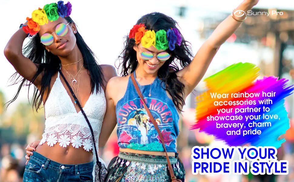 SunnyPro Rainbow Headband for Women - LGBTQ Pride Flower Crown with Rose Design - Perfect for Gay Pride Parades, Festivals & LGBTQ Events