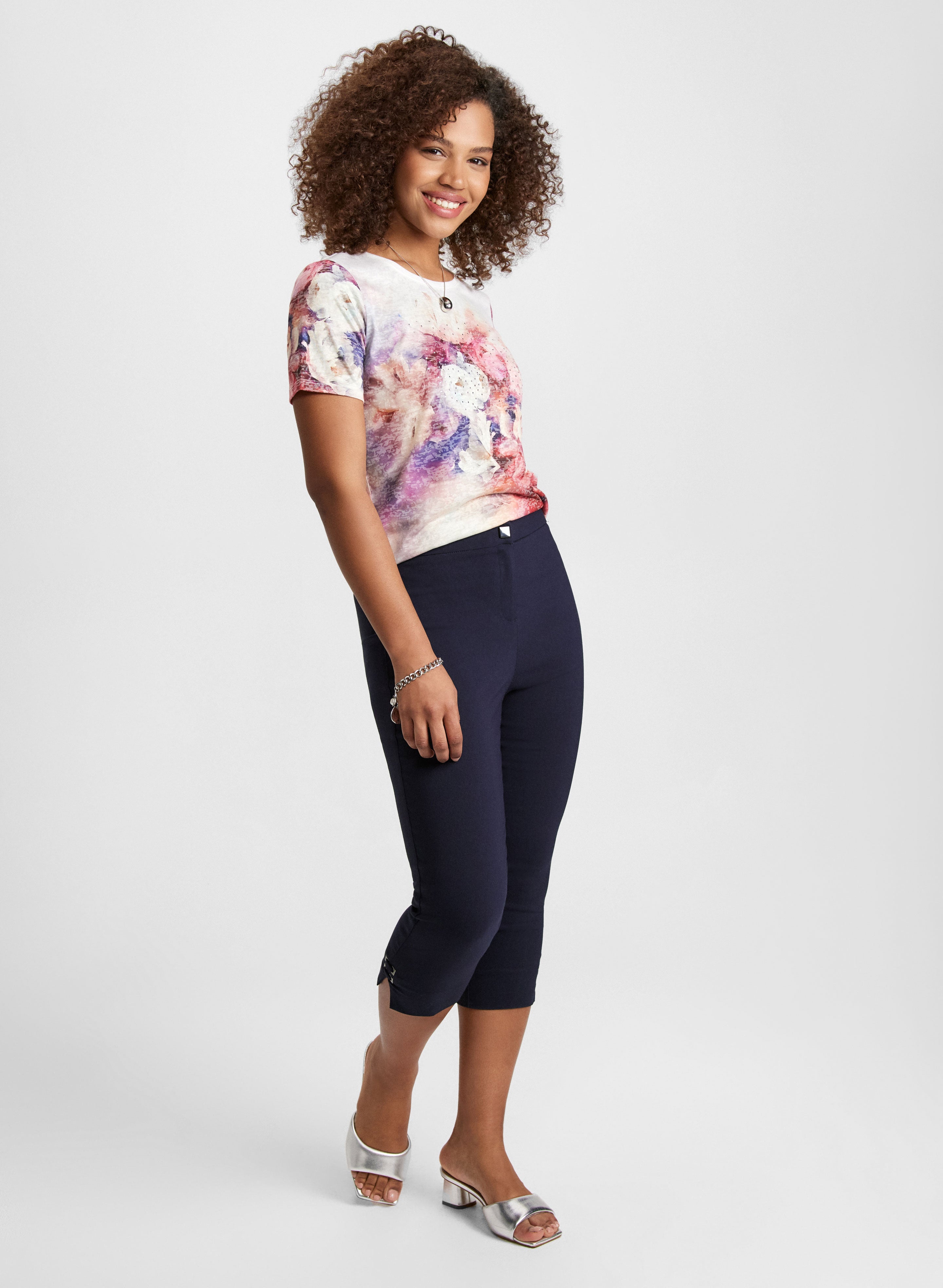 Floral Burnout T-Shirt & Bengaline Capris Set - Women's Casual Outfit for Summer, Yoga, and Outdoor Activities