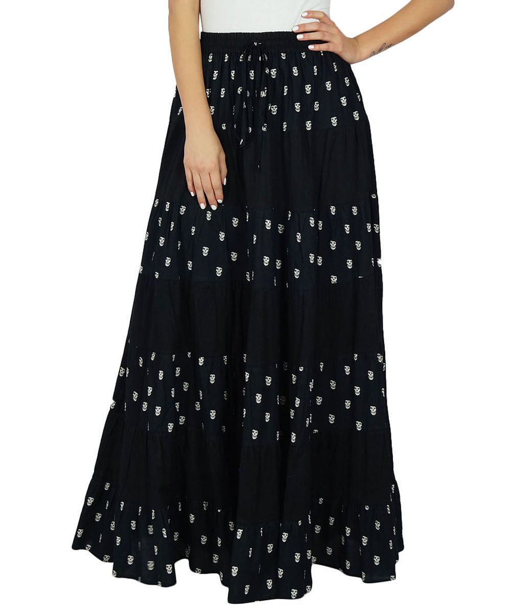 Boho Flared Maxi Skirt for Women - Long Cotton Skirt with Elastic Waistband - Black Flowy Summer Skirt for Beach, Vacation & Casual Wear