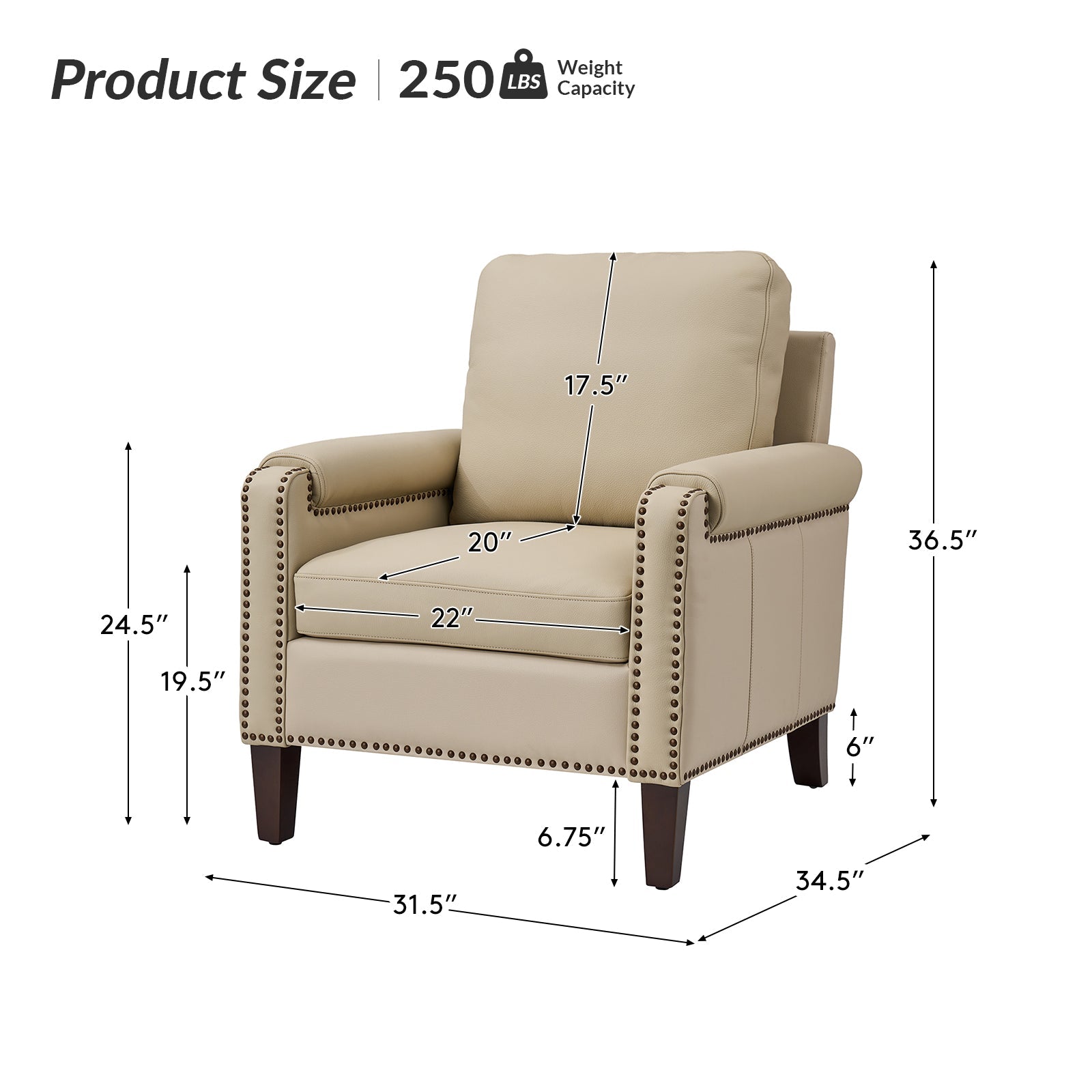 Nathaniel Transitional Style Genuine Leather Armchair - Premium Brown Leather Lounge Chair for Living Room, Office & Study - Comfortable Reading Chair with Padded Seat & Wooden Legs