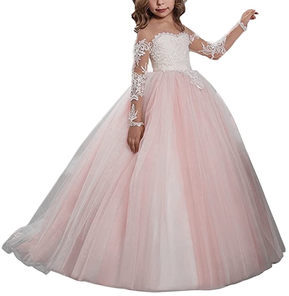 First Communion Dress for Girls - Elegant Lace Embroidery Flower Girl Pageant Gown with Long Sleeves & Train - Perfect for Baptism, Christening, Birthday Party & Special Occasions