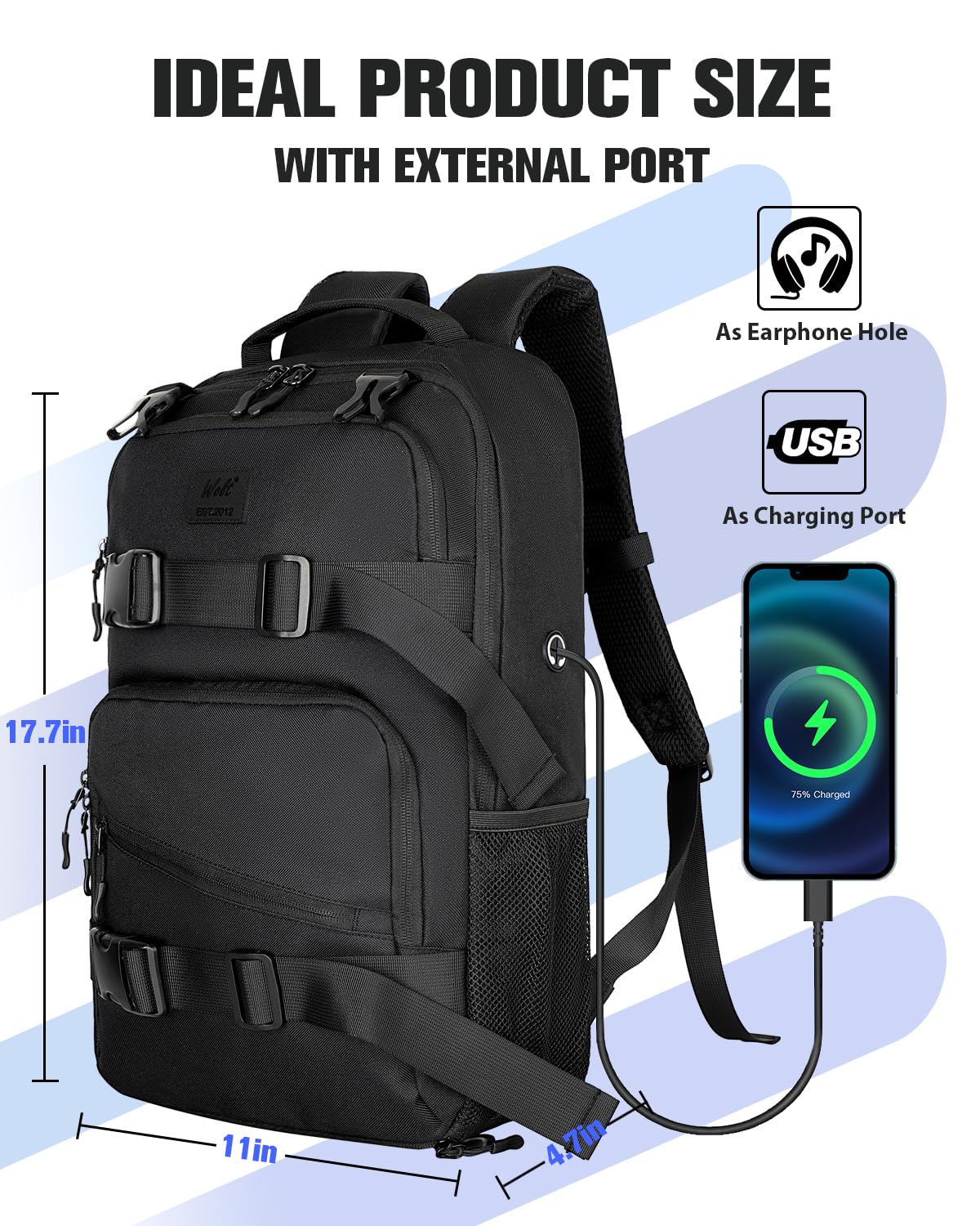 WOLT Skateboard Backpack - 15.6 Inch Laptop Backpack for Men & Women, Waterproof Sports Backpack with Ball Holder & USB Charging Port - Perfect for Skateboarding, School, Travel & Outdoor Activities