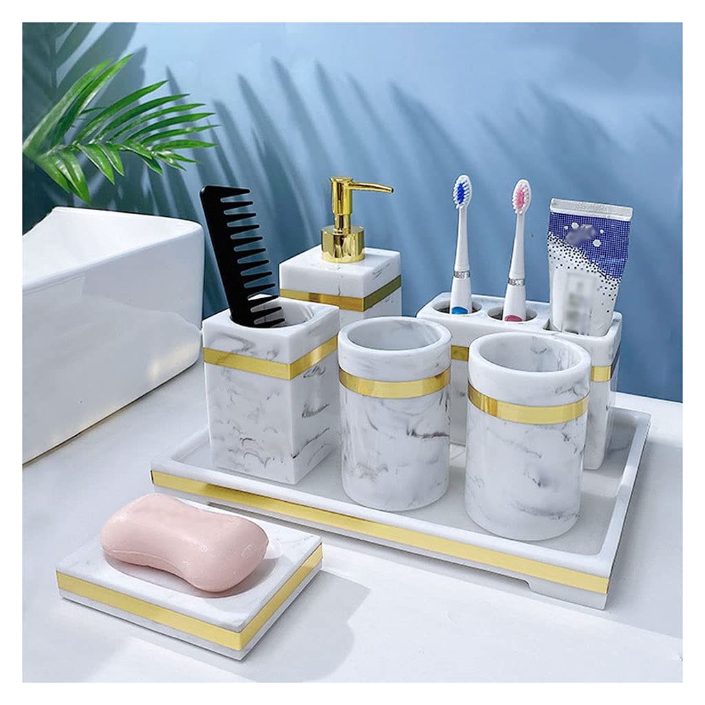 TOMYEUS 7-Piece Marble Resin Bathroom Accessories Set - Soap Dispenser, Toothbrush Holder, Tumbler, Soap Dish, Cotton Jar & Tray - Elegant White Hand Soap Dispenser for Modern Bathroom & Kitchen Decor