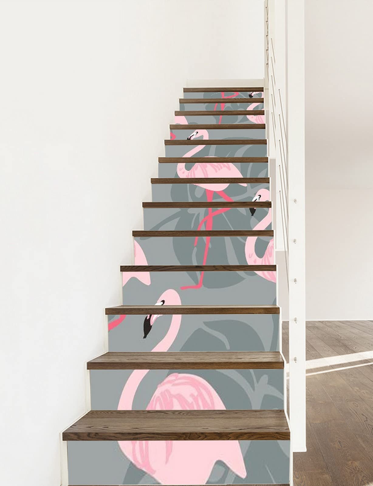 3D Self-Adhesive Removable Stair Stickers - Pink Flamingo & Grey Tropical Leaf Pattern Vinyl Decals for Stair Risers, Kitchen Tiles & Walls (13-Piece Set) | Easy Peel-and-Stick Home Decor for Bedroom, Nursery & Office