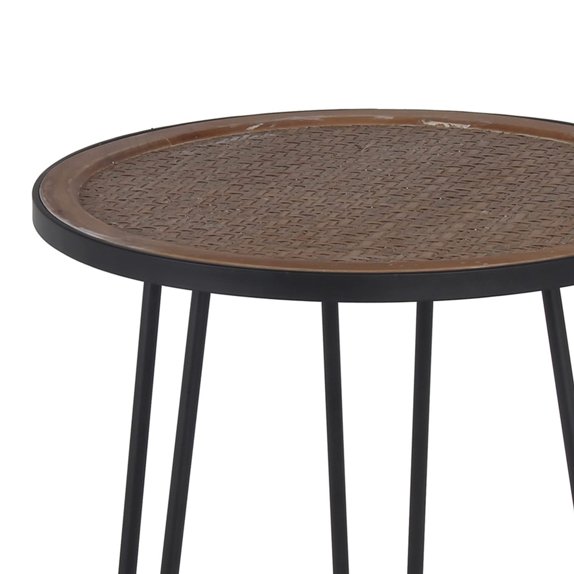 Benjara 24 Inch Round Metal Accent Table with Vinyl Weaving in Brown & Black - Perfect for Living Room, Patio, or Outdoor Decor