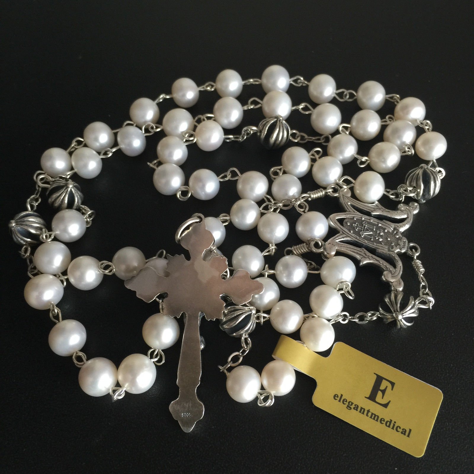 Handmade Catholic Rosary Necklace with Real Pearl & Bali Sterling Silver Cross Beads - Elegant Religious Jewelry for Prayer, Meditation & Faith Gifts