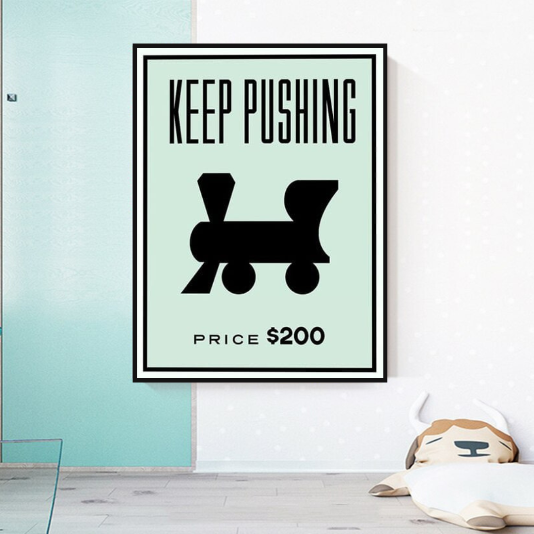 Monopoly Keep Pushing Motivational Canvas Wall Art - Inspirational Office & Home Decor for Gamers & Entrepreneurs