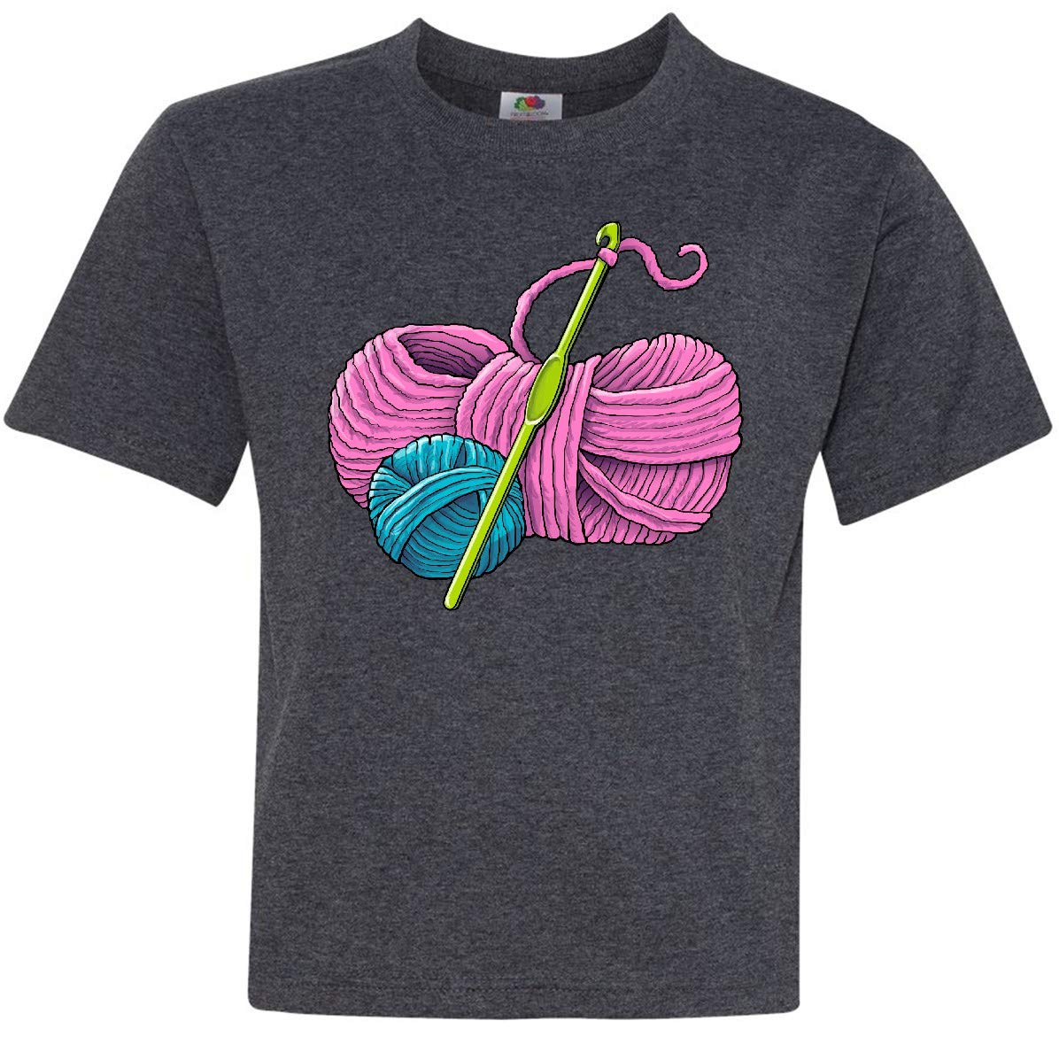 Inktastic Blue and Pink Yarn with Crochet Hook Youth T-Shirt | Soft Cotton Graphic Tee for Kids & Teens | Perfect for Craft Lovers, Crochet Enthusiasts & DIY Fashion