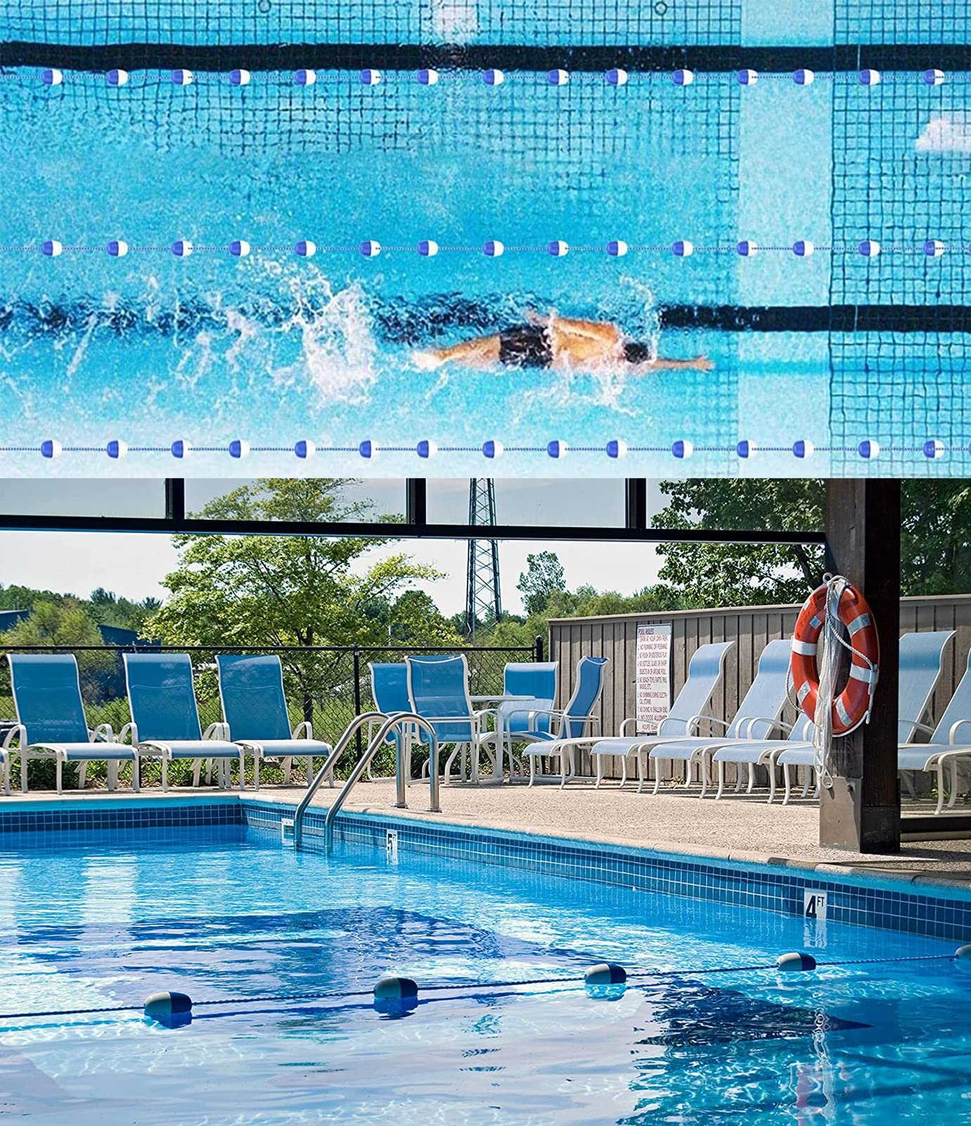 LVLONG Blue & White Pool Rope Float Keepers - Durable Polyethylene Safety Lane Divider with Floats for Swimming Pool Training & Competition (7m/23ft) - Perfect for Swim Meets, Lap Swimming & Water Safety
