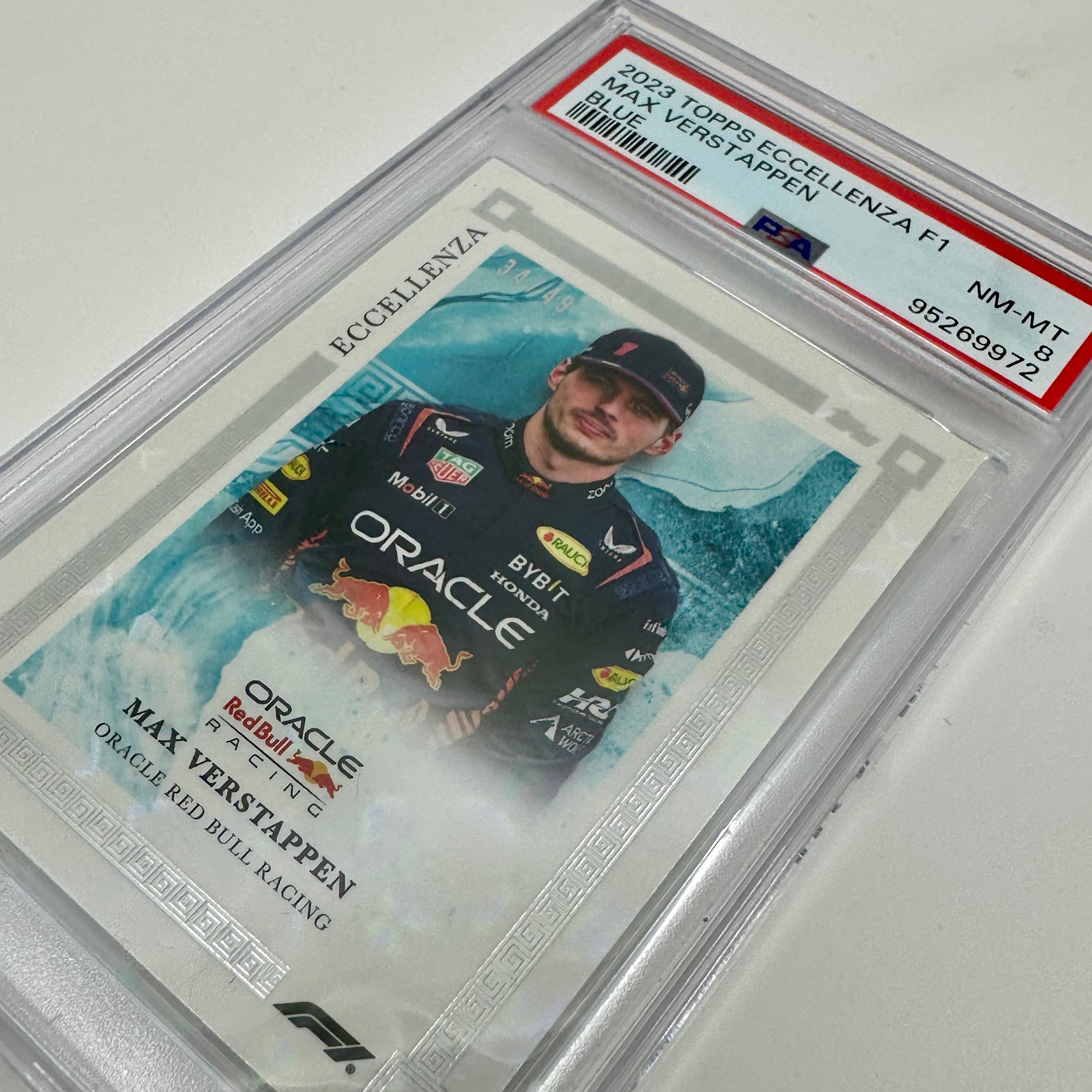 2023 Eccellenza Max Verstappen Blue PSA 8 34/49 Trading Card - Perfect for F1 Collectors, Sports Memorabilia Enthusiasts, and Racing Fans Display