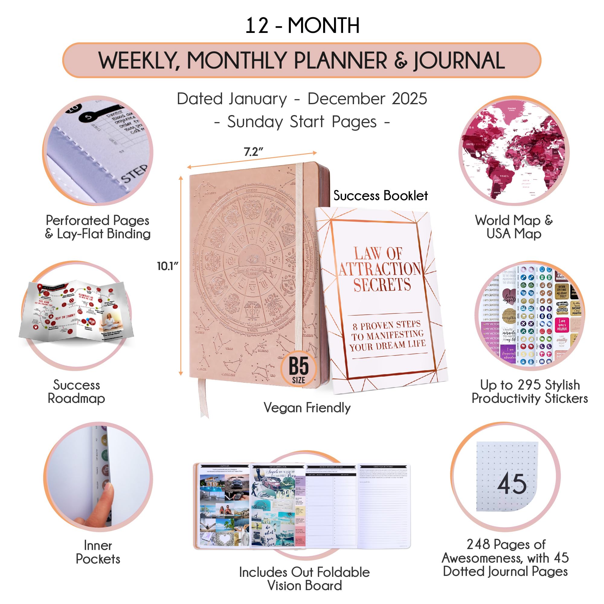 Law of Attraction Planner 2025 - Daily, Weekly & Monthly Goal Setting Journal with Productivity Tracker | 12-Month Life Organizer with Gratitude Pages, Foldable Vision Board, Stickers & Gift Box | Perfect for Manifestation, Self-Care & Personal Growth