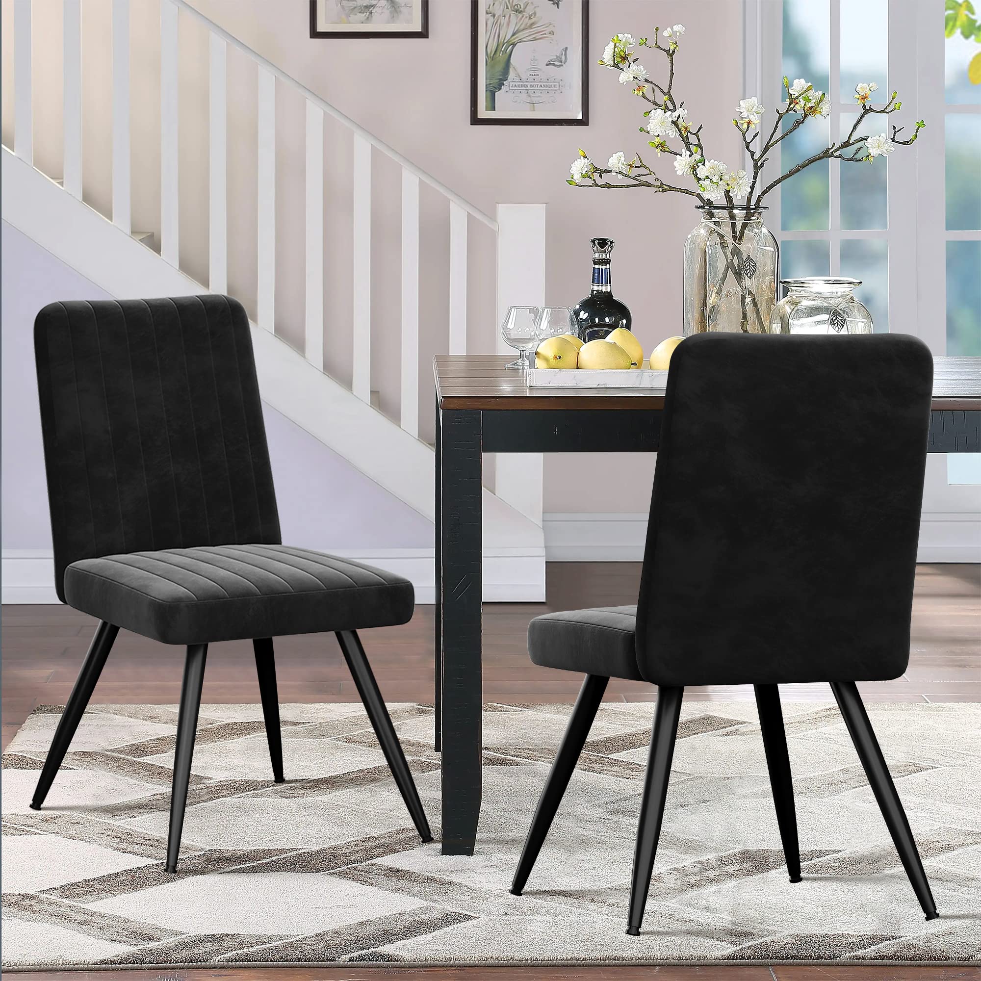 Modern Velvet Dining Chairs Set of 2 - Upholstered Mid Century Kitchen Accent Chairs with Metal Legs, Armless Leisure Chairs for Living Room, Office Desk or Dining Area - Black | Perfect for Small Spaces, Apartments and Contemporary Home Decor