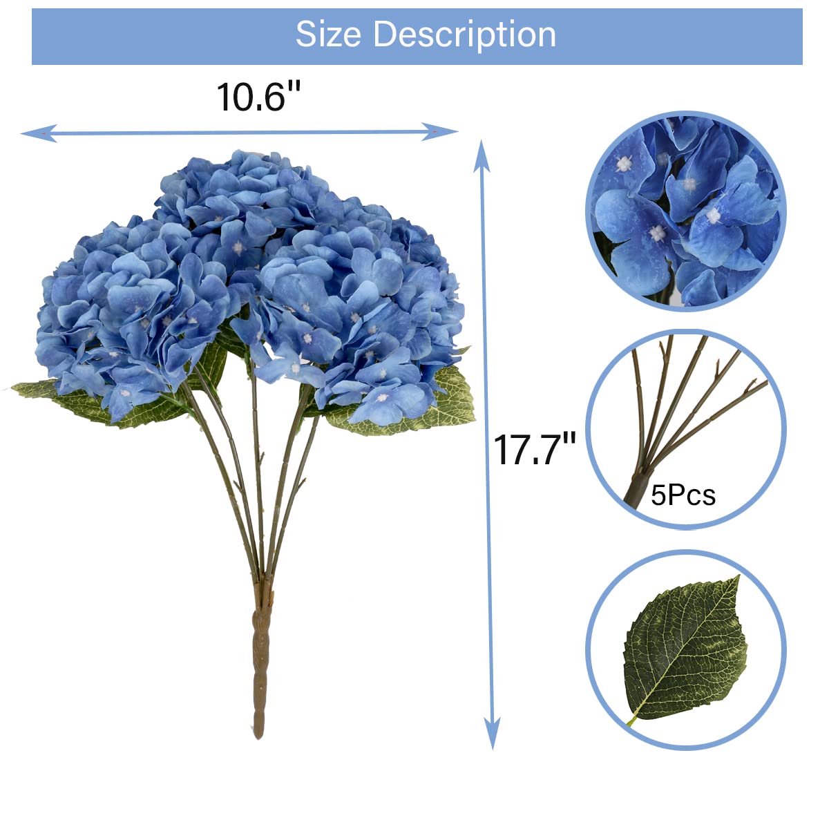 Royal Blue Artificial Silk Hydrangea Flowers - 5 Heads Fake Flower Bouquet for Home Decor, Wedding Centerpieces, Party Arrangements & DIY Crafts | Perfect for Table Decorations, Bridal Showers, and Seasonal Displays