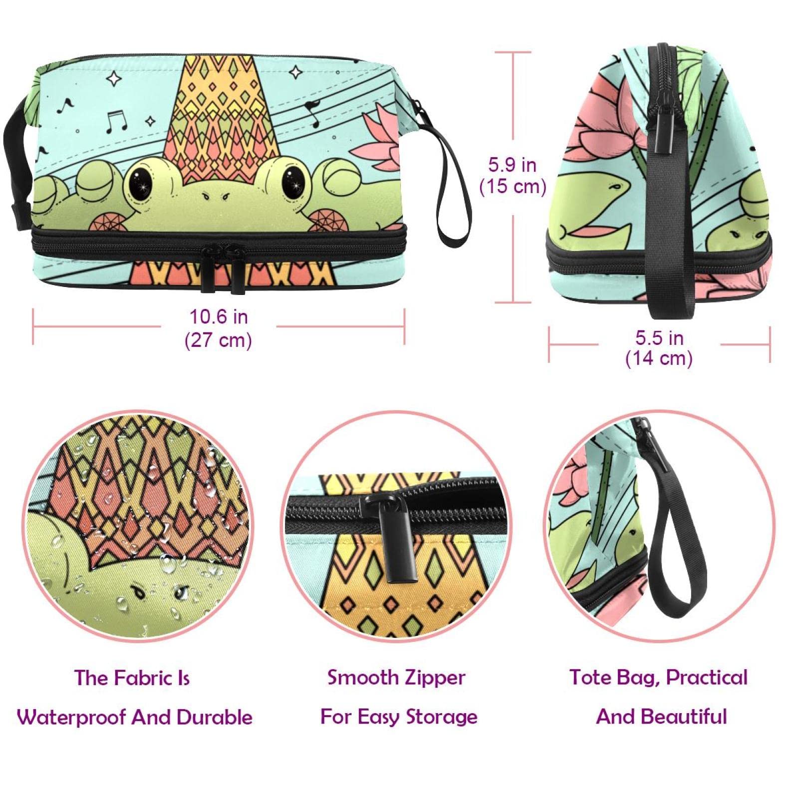 Large Waterproof Makeup Bag for Women - Travel Cosmetic Organizer with Lotus Leaves & Frog Design, Spacious Toiletry Bag for Makeup Brushes & Skincare - Perfect for Travel, Gym & Daily Use