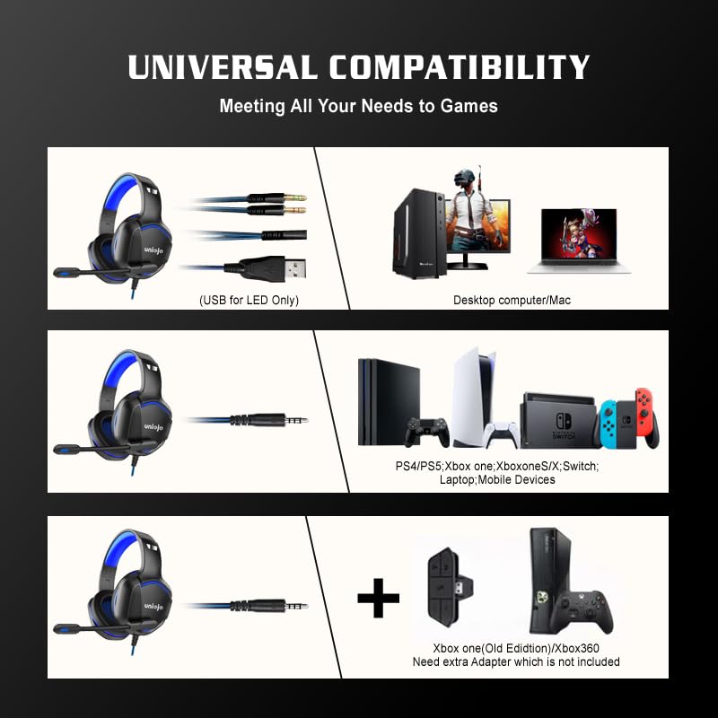 Best Noise-Canceling Gaming Headset with Mic for PC, Laptop, Mac, Xbox Series X/S, PS5, PS4, Nintendo Switch - Wired Over-Ear Headphones with Surround Sound, LED Lights & Memory Foam Ear Cushions (Black) - Perfect for Competitive Gaming, Streaming & Long Gaming Sessions