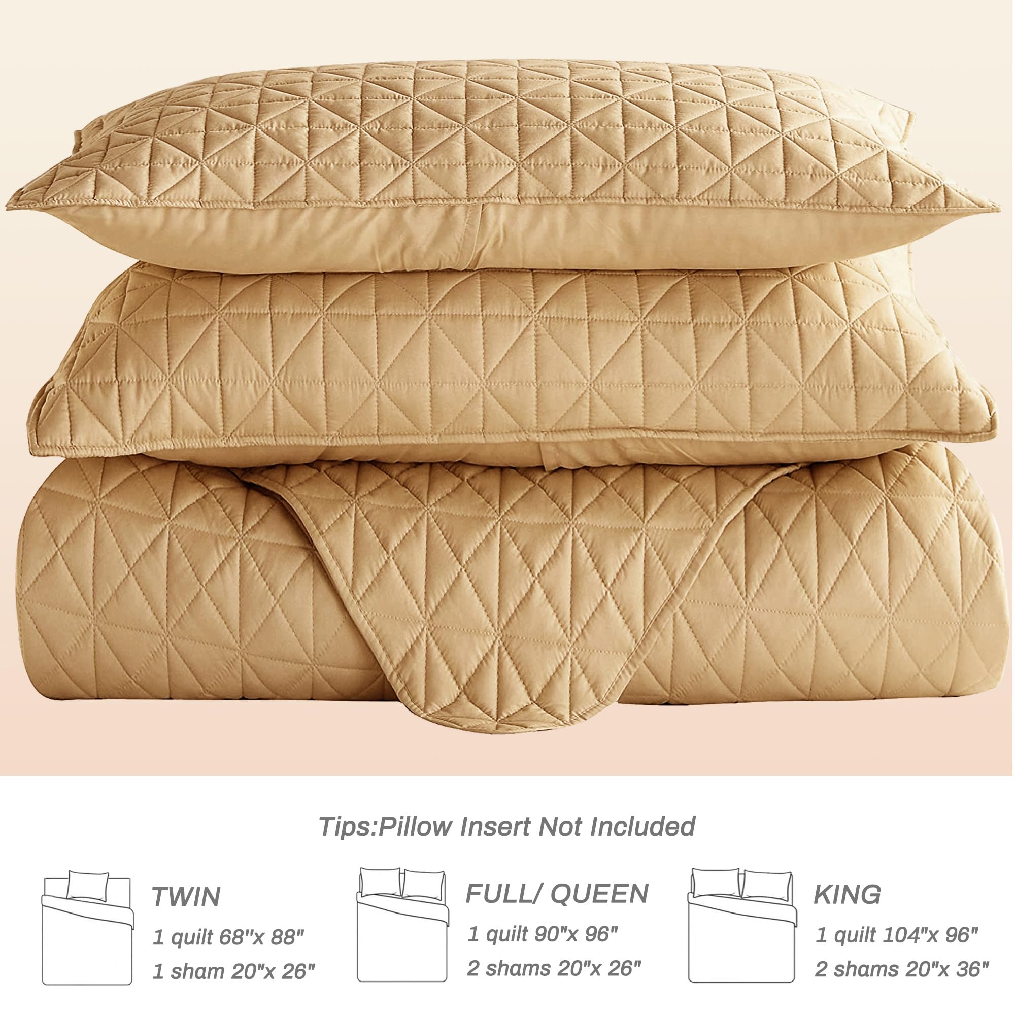 King Size Quilted Bedding Set with Stitched Grid Pattern - Lightweight Summer Camel Bedspread & Coverlet for All Seasons (Includes 1 Quilt + 2 Pillow Shams) | Perfect for Master Bedroom, Guest Room & Cozy Home Decor