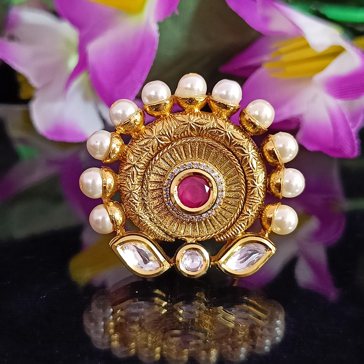 Luxury Gold Plated Royal Kundan Pearl Beaded Ring for Women - Elegant Indian Jewelry for Weddings, Parties & Special Occasions | Design 157