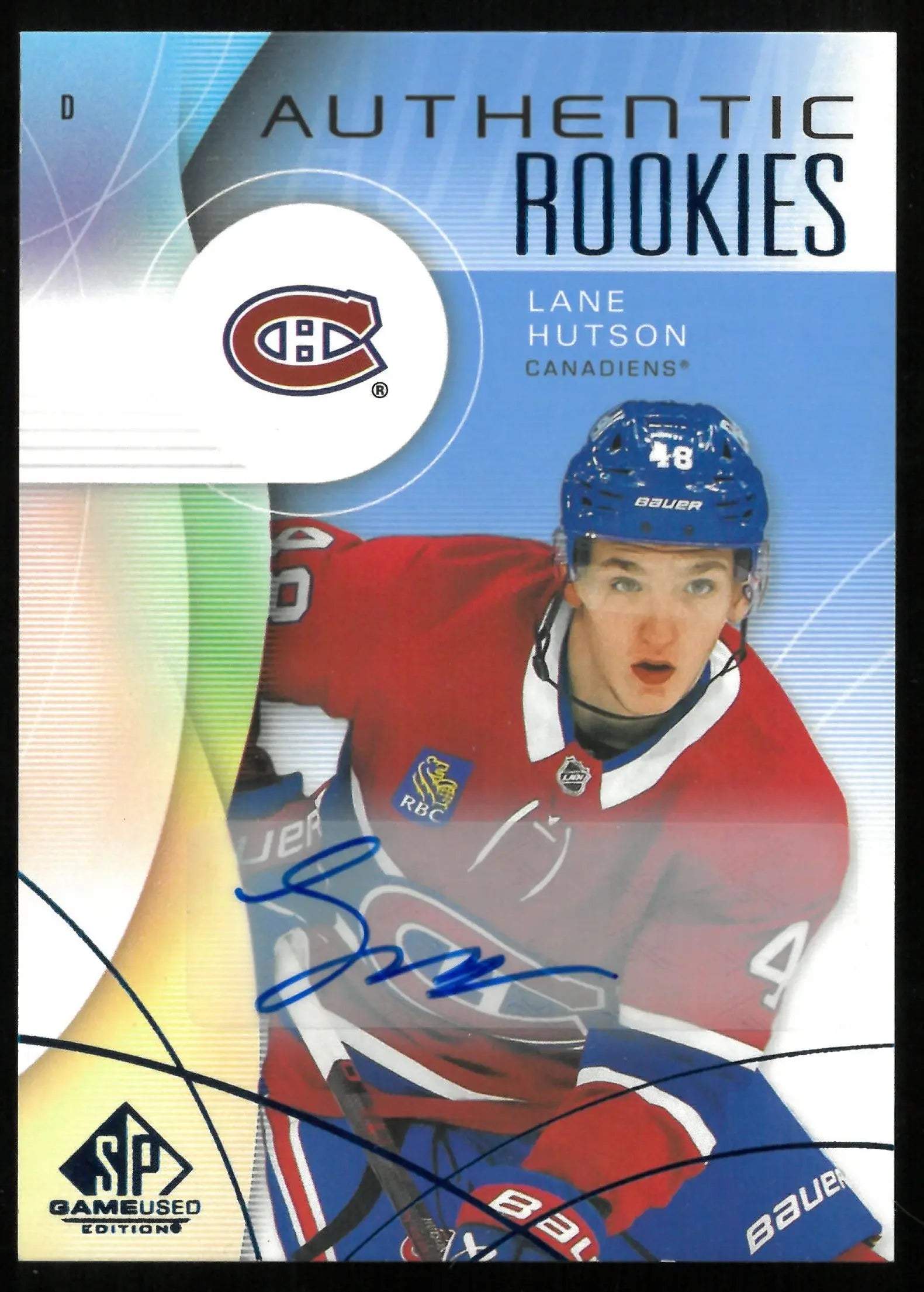 2024 Upper Deck SP Game Used Lane Hutson Authentic Rookie Card Blue Autograph - Collectible Hockey Memorabilia for NHL Fans & Sports Card Enthusiasts