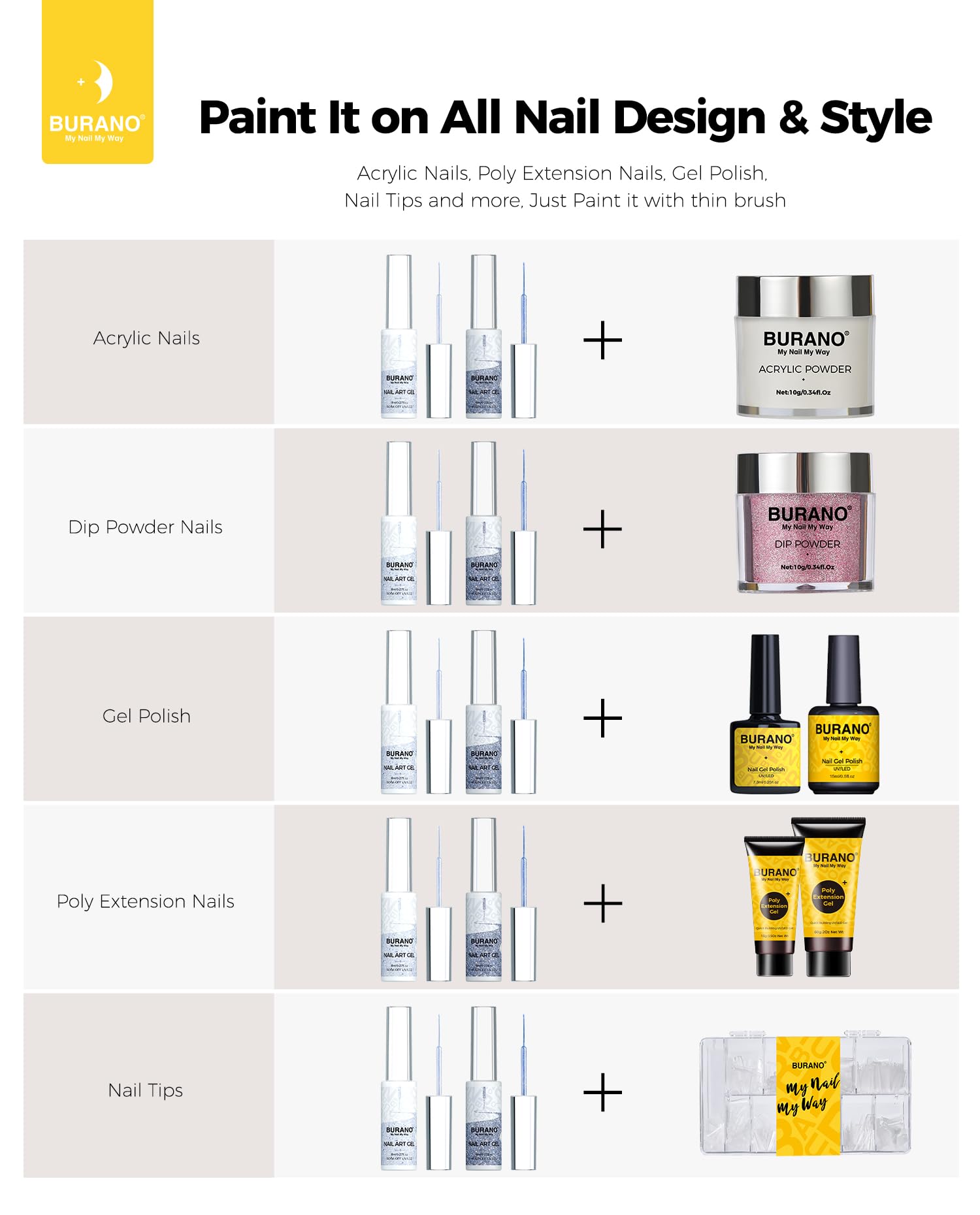 BURANO Silver & Gold Gel Nail Polish Set - 2 Bottles (8ml Each) with Thin Brush for Precise Nail Art Designs, UV/LED Curing Required - Perfect for Salon, Home Manicures & Special Occasions